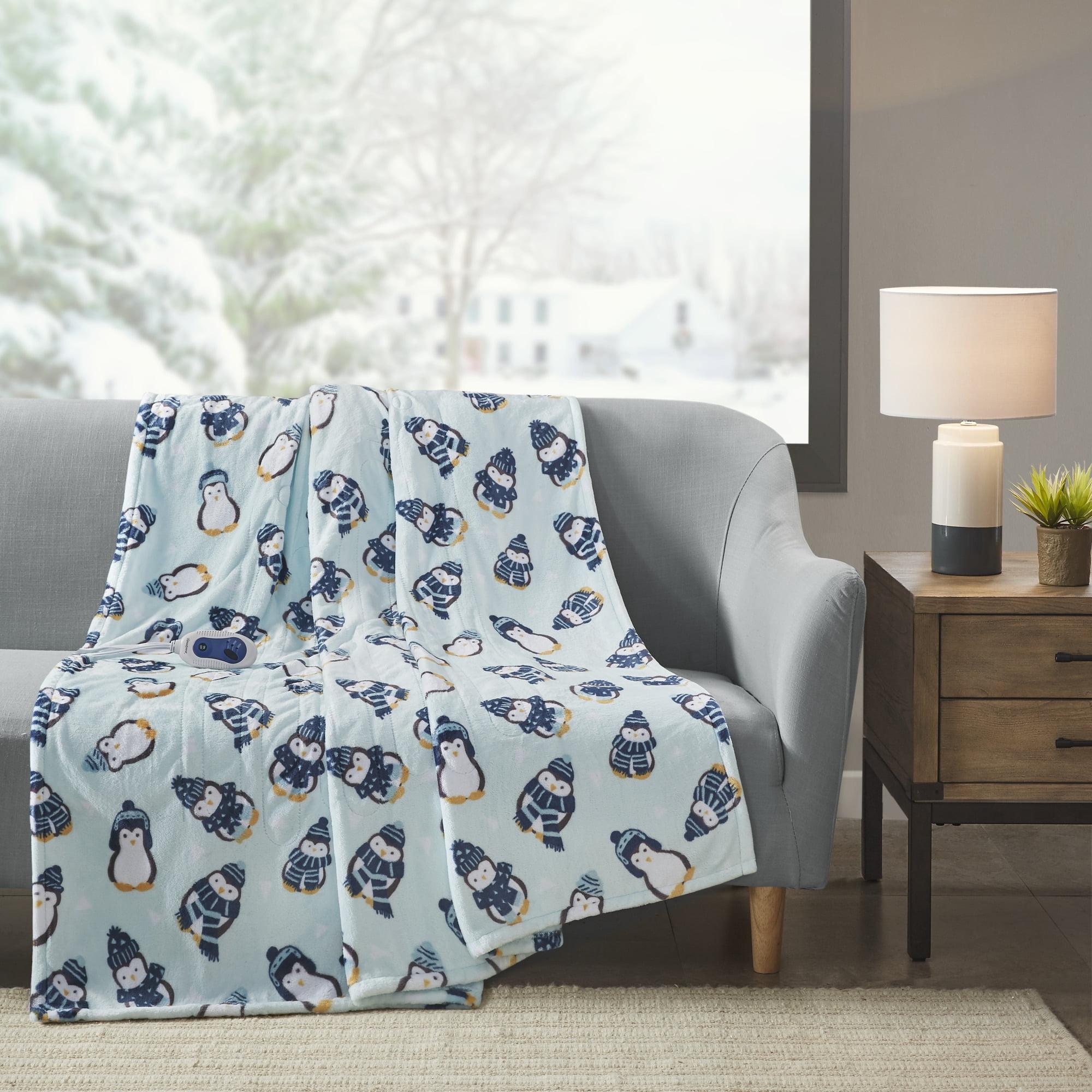 Aqua Penguins Oversized Plush Electric Heated Throw Blanket