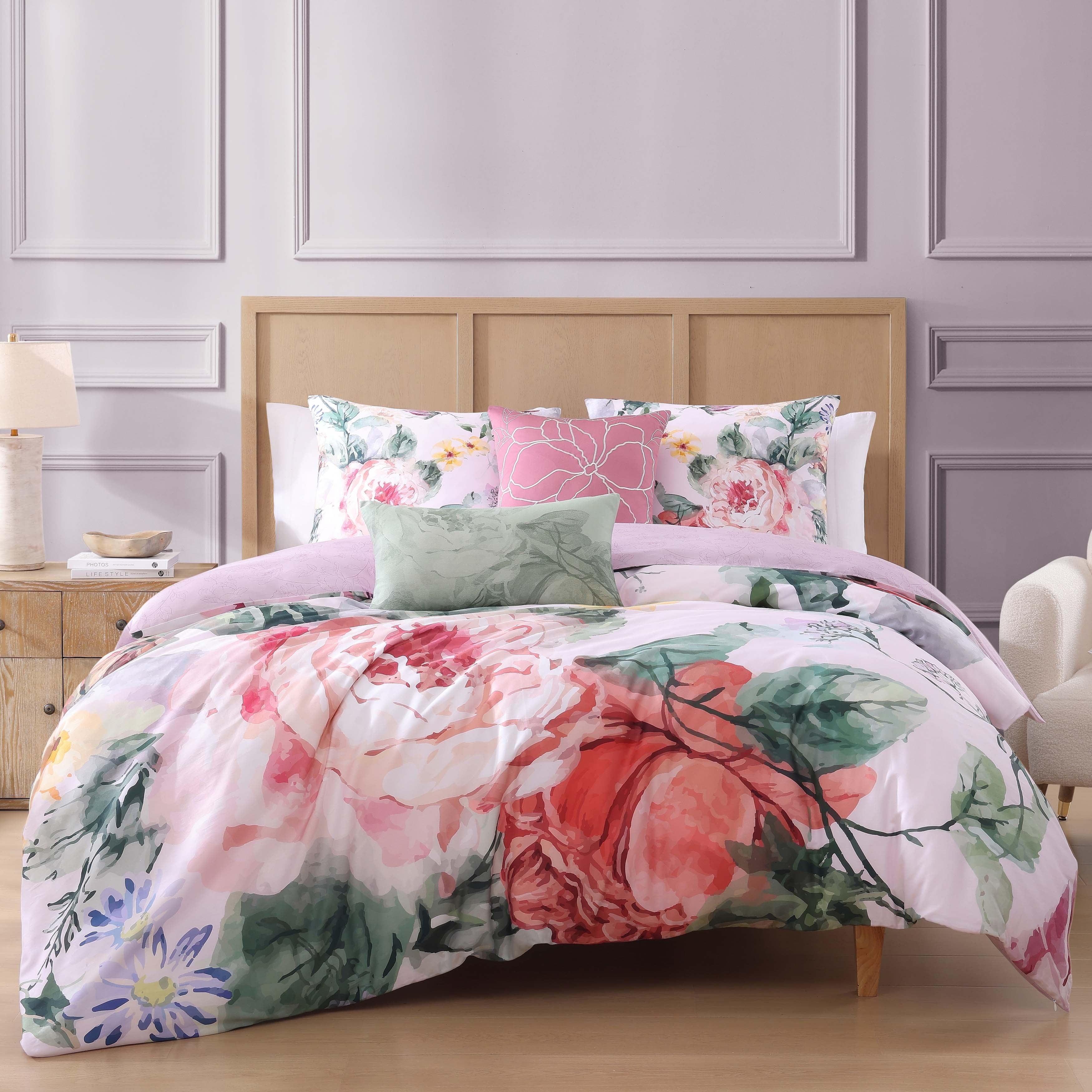 BeBeJan Bebejan Cool Pink Roses 200 Thread Count 100% Cotton Sateen 5-Piece Reversible Comforter Set