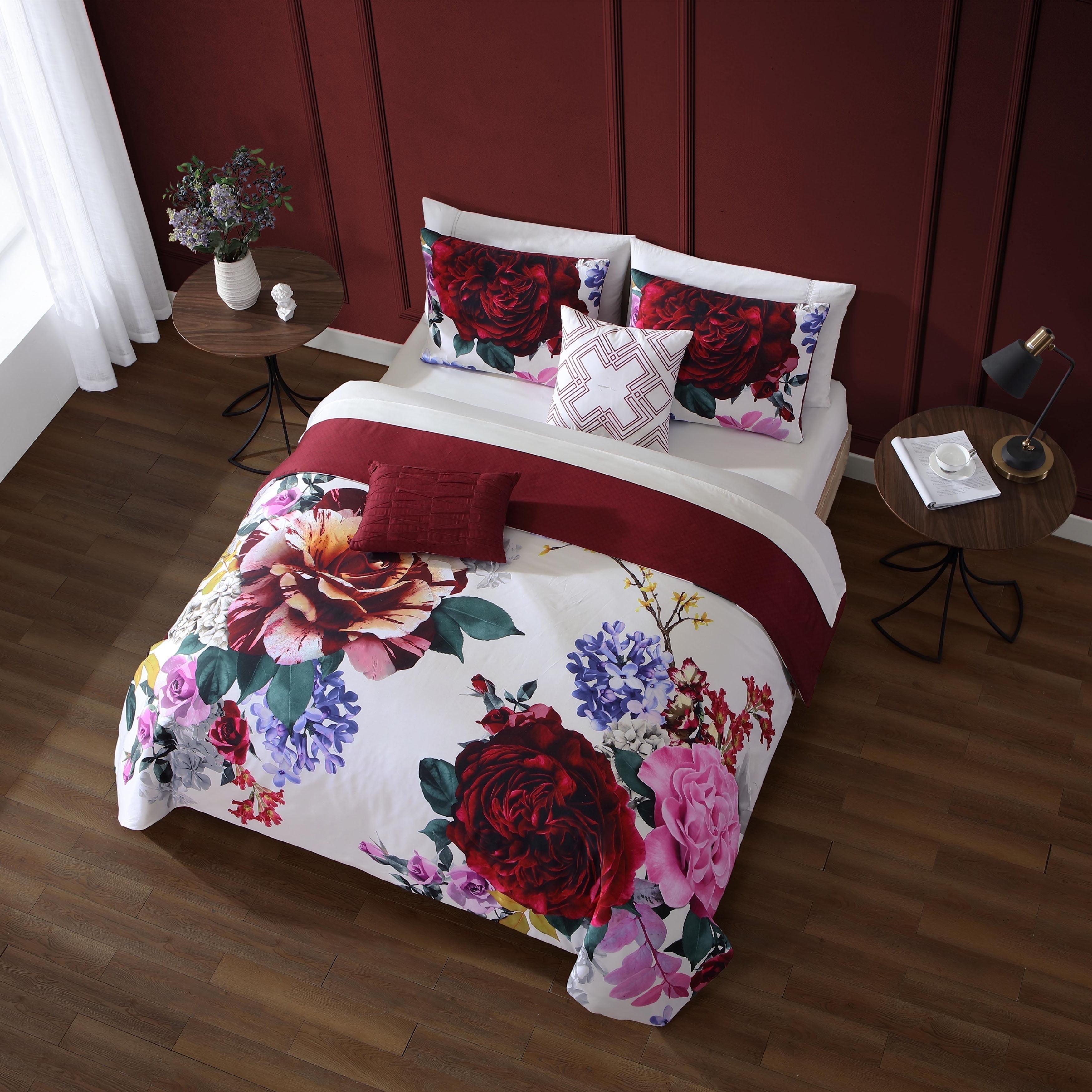 BeBeJan Bebejan Magenta Floral 100% Cotton Sateen 5 Piece Reversible Comforter Set