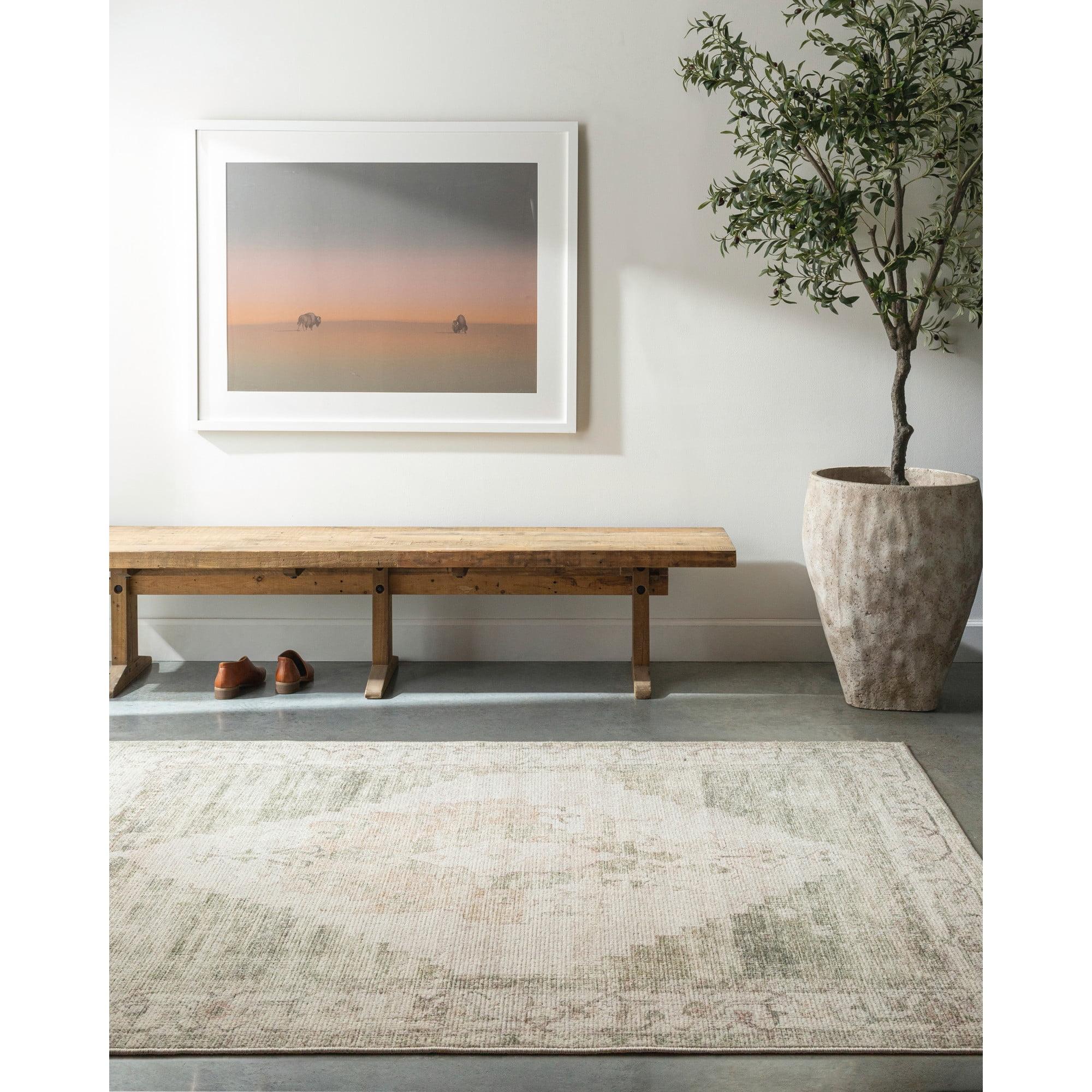 Ivory Wool-Synthetic Blend Handmade-Look Rectangular Rug, 6'7" x 9'