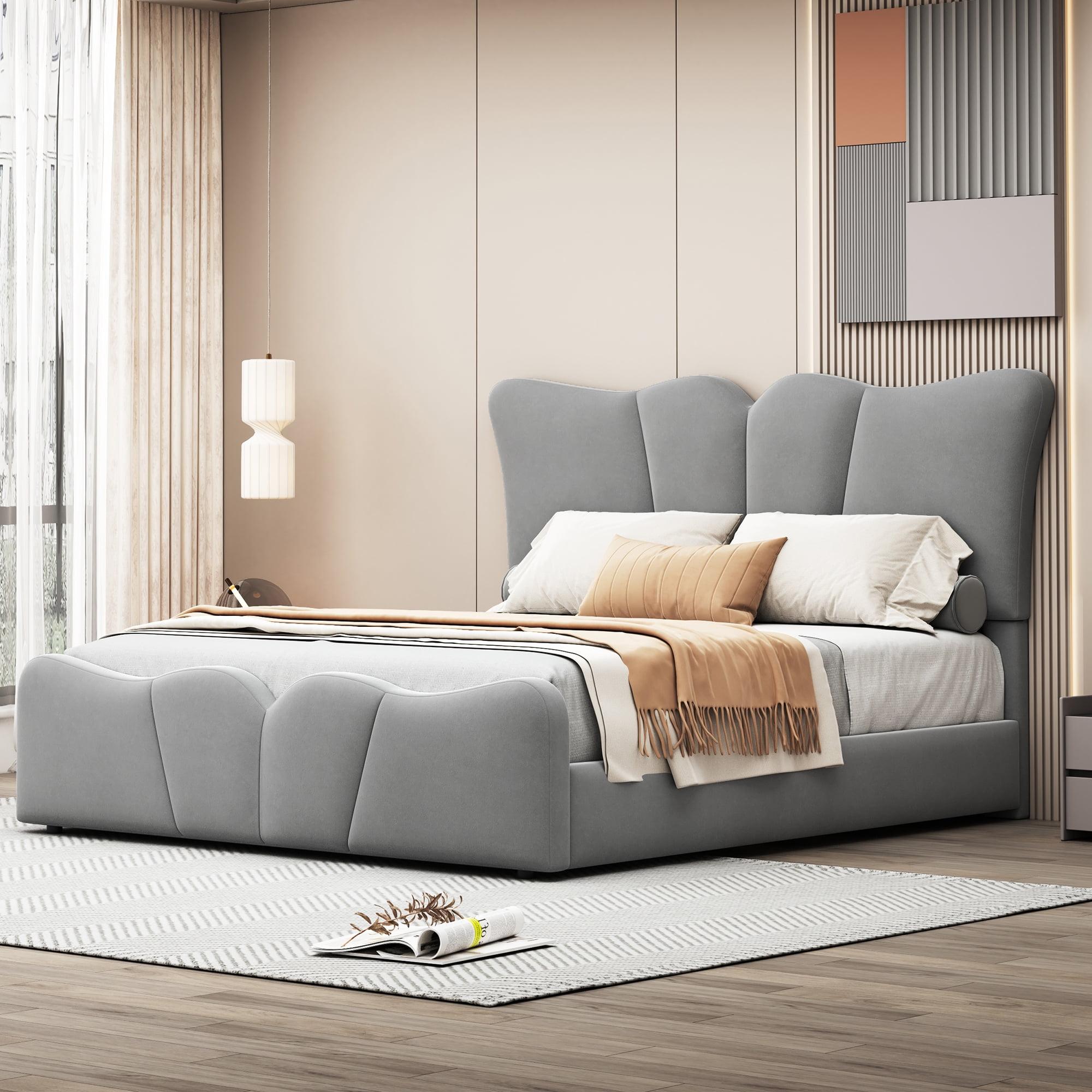 Full Size Gray Velvet Upholstered Platform Bed with Headboard