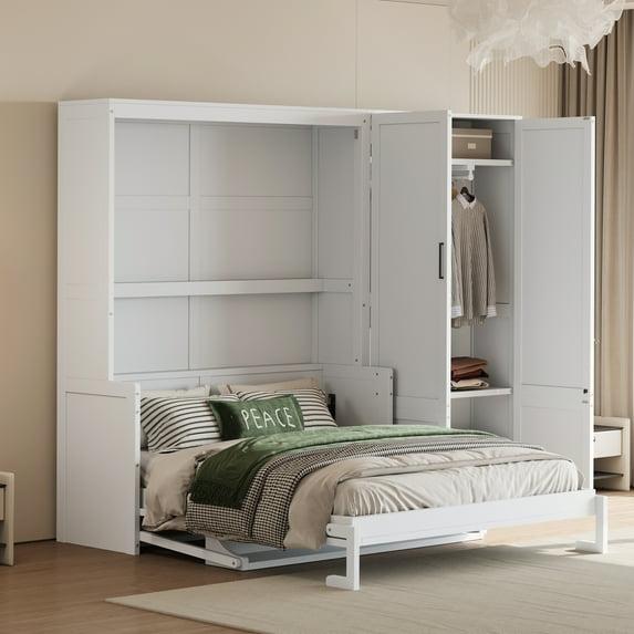 Murphy Bed with Closet and Wardrobe, Versatile Wall Bed, Foldable Murphy Cabinet, Queen Size, White