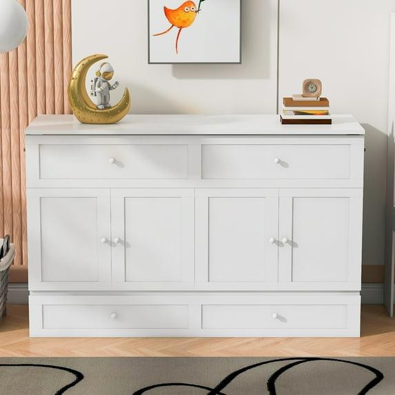Queen Size White Wooden Murphy Bed with Storage Drawers