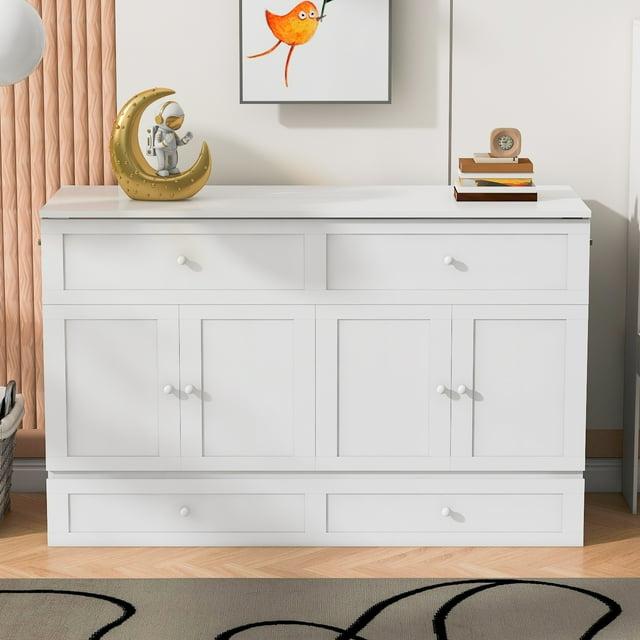 Queen Size White Wooden Murphy Bed with Storage Drawers