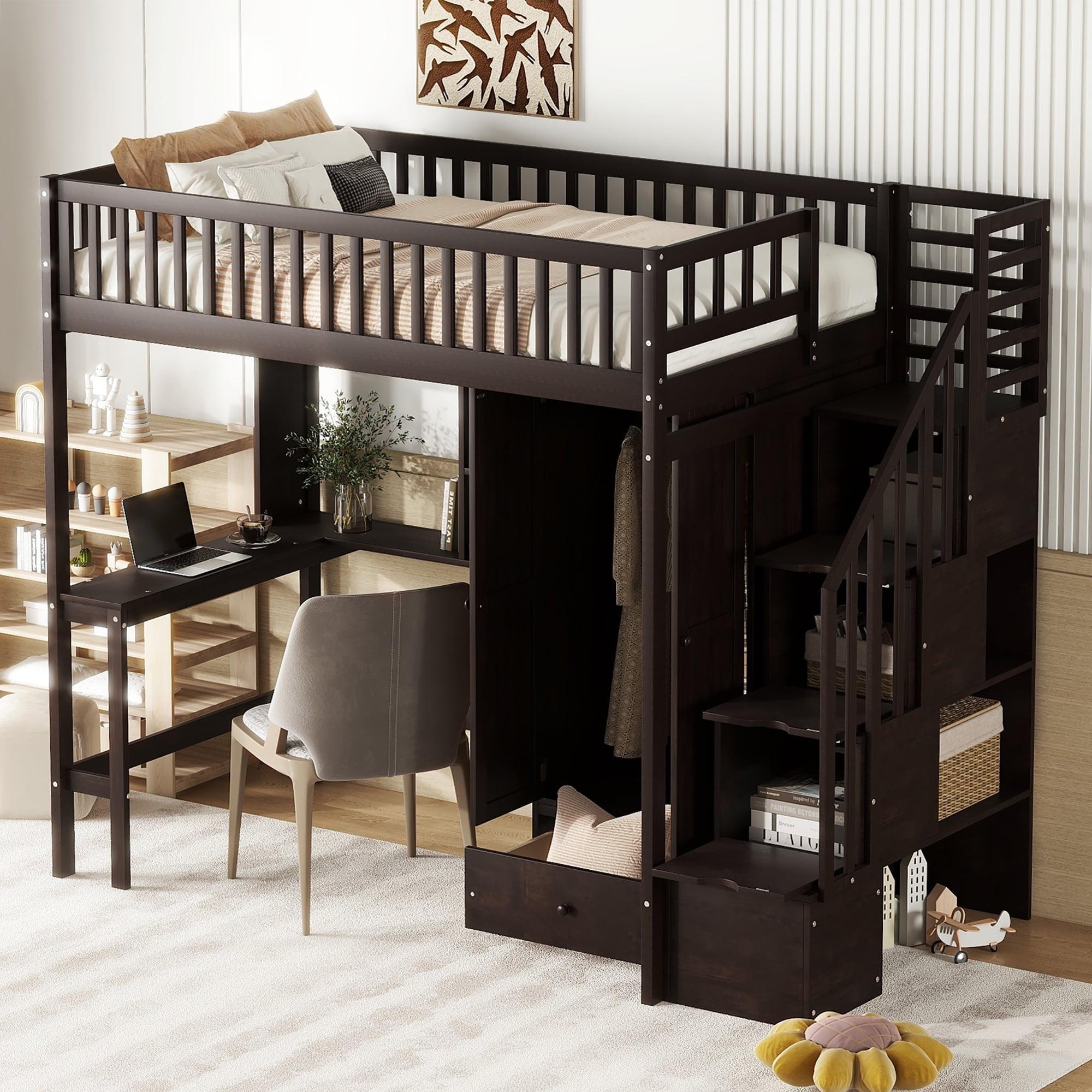 Espresso Twin Loft Bed with Storage, Desk, and Pine Frame