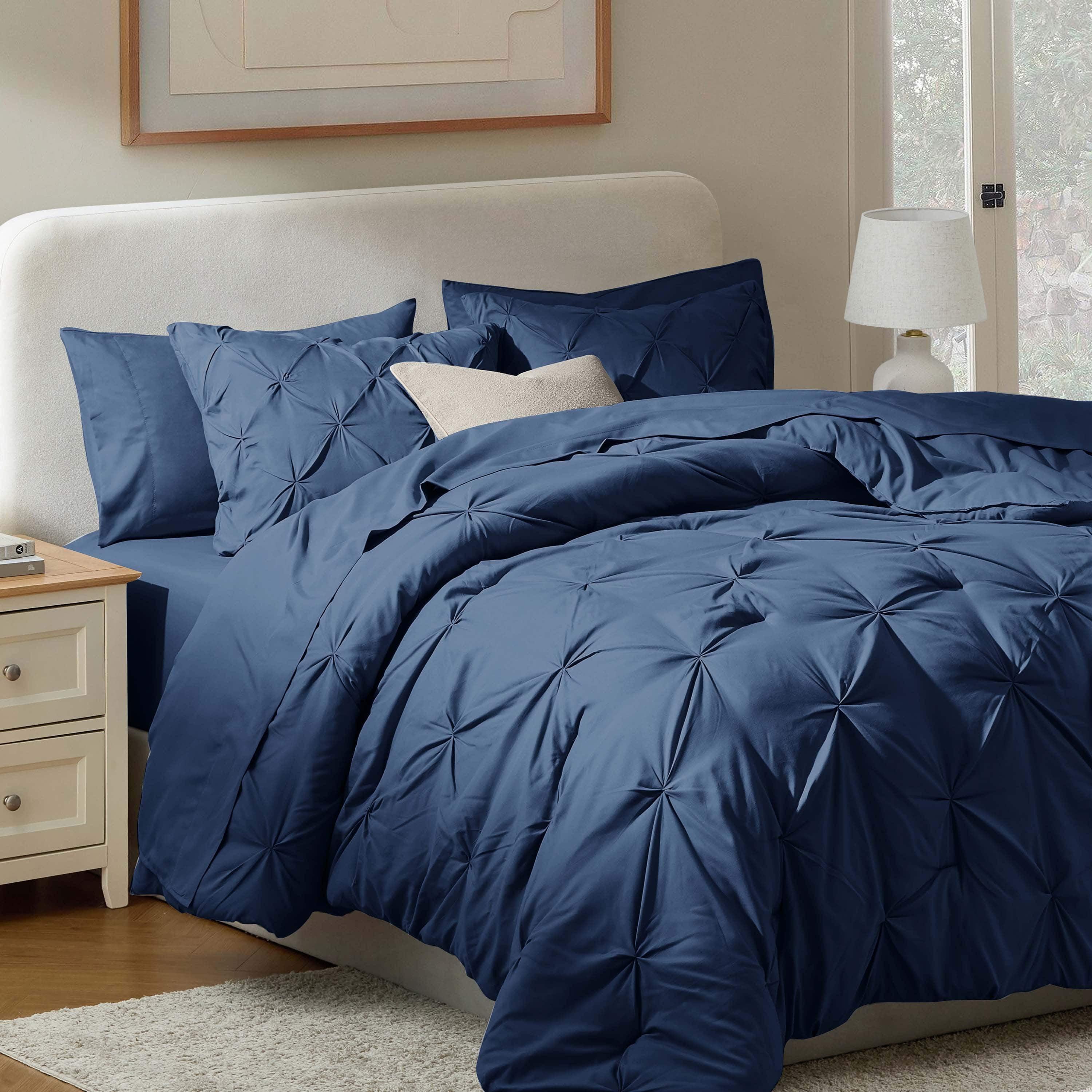 Virtu Queen Comforter Set, 7pc Bed in a Bag, Pleated Bedding Comforter Sets with Sheets, Navy