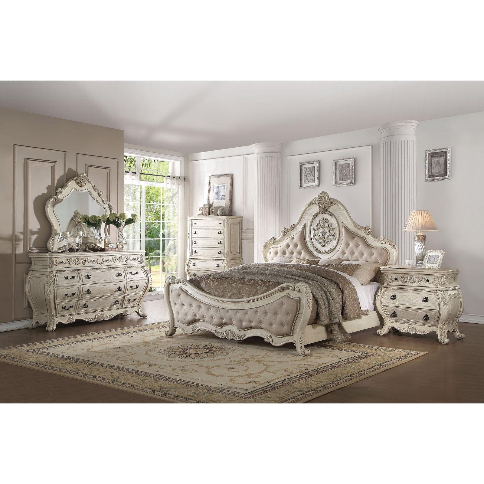 King Beige Linen and Antique White Tufted Upholstered Bed