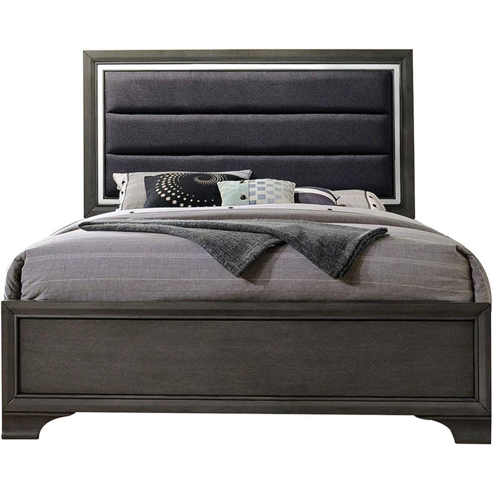 King Gray Upholstered Wood Frame Bed with Tufted Headboard