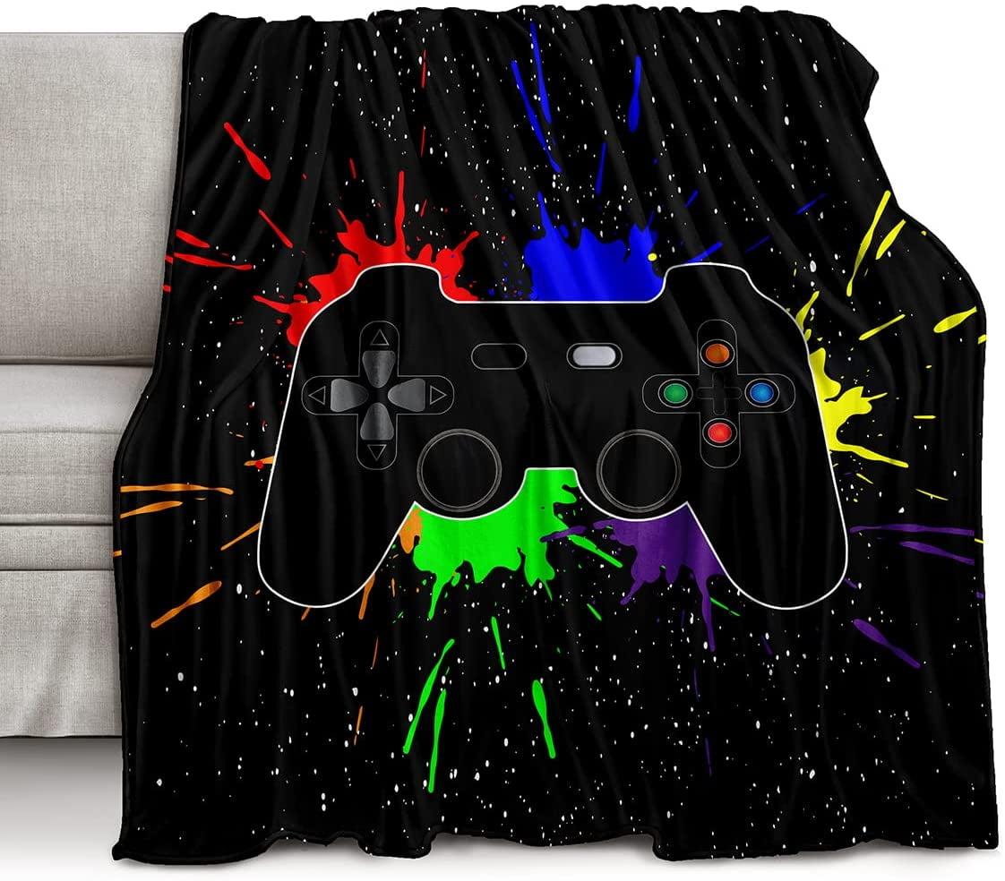 Black and Multicolor Gaming Controller Fleece Throw Blanket