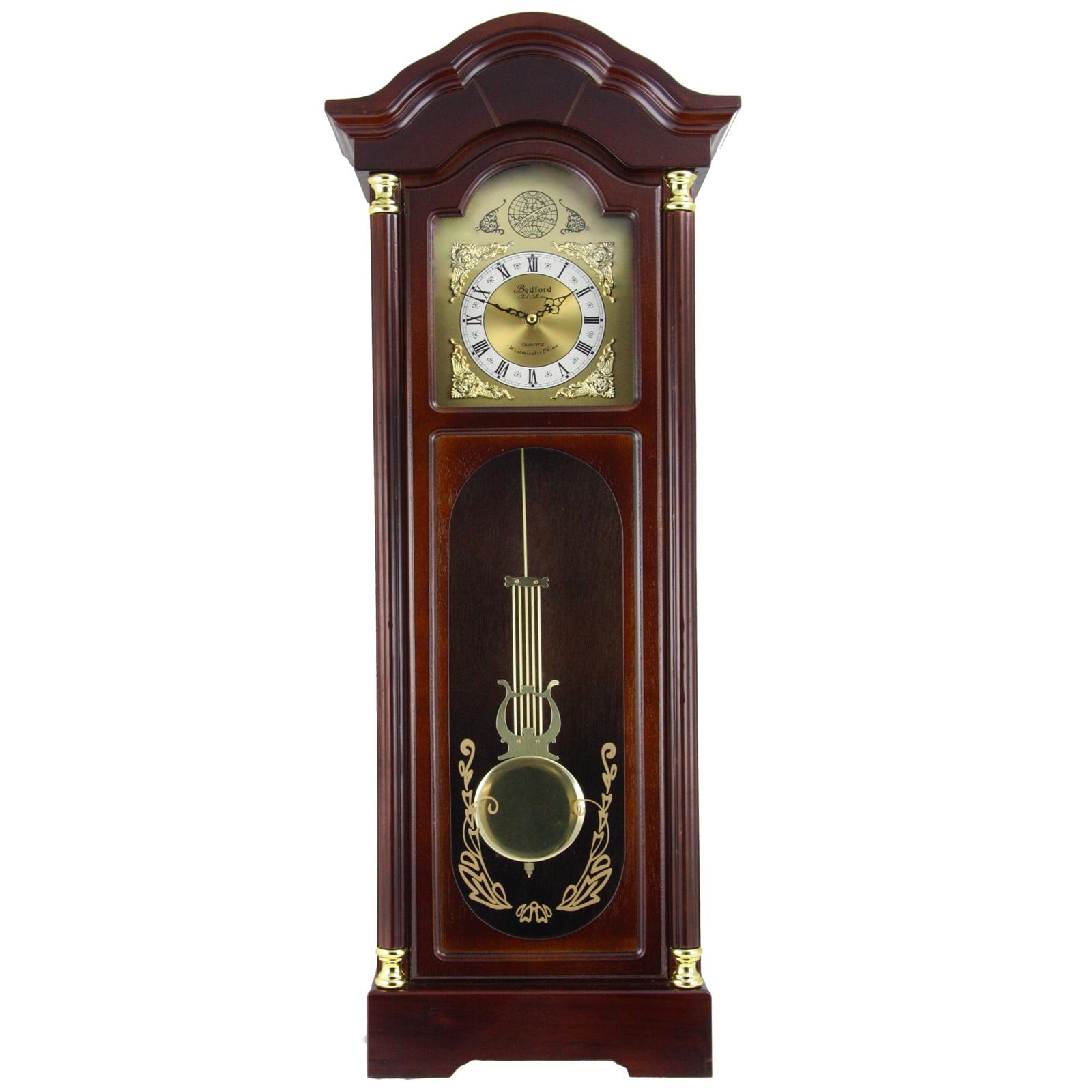 Bedford Clock Collection 33" Antique Cherry Oak Finish Chiming Wall Clock with Roman Numerals