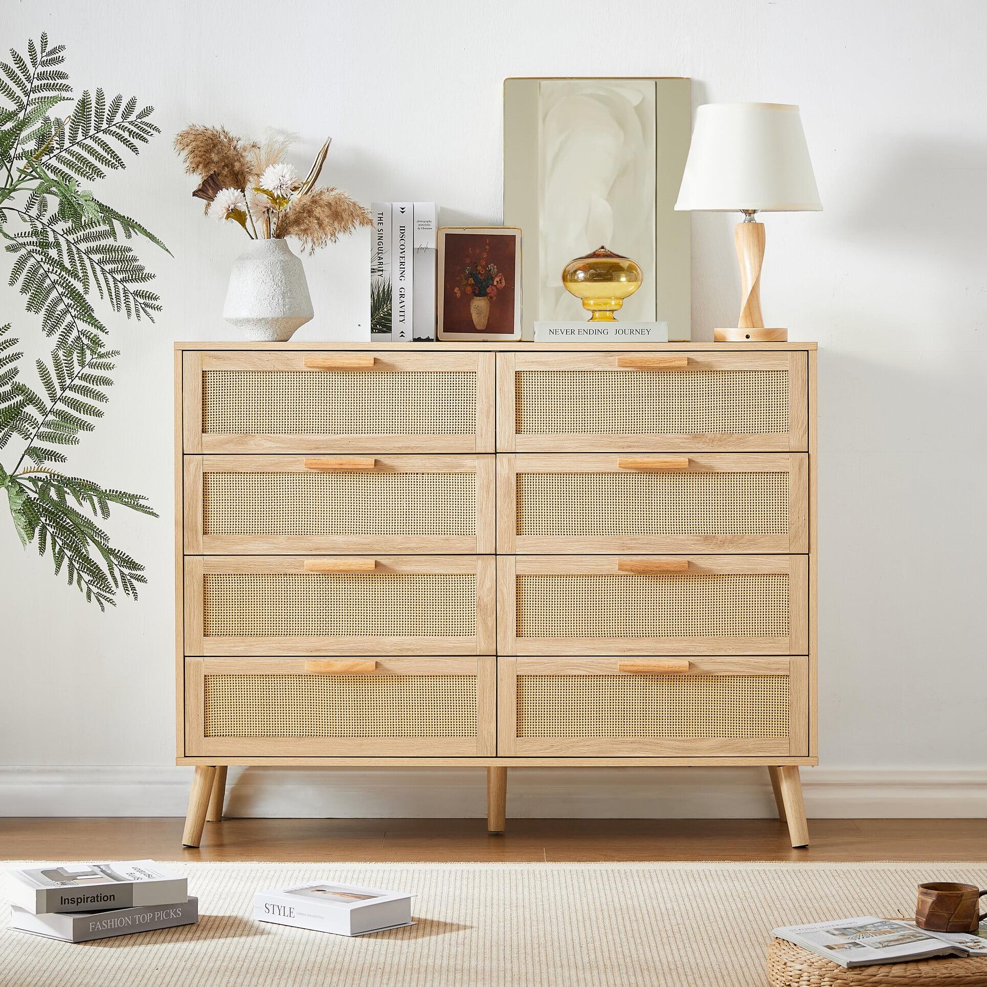 Natural Wood Double Dresser with Rattan Drawers