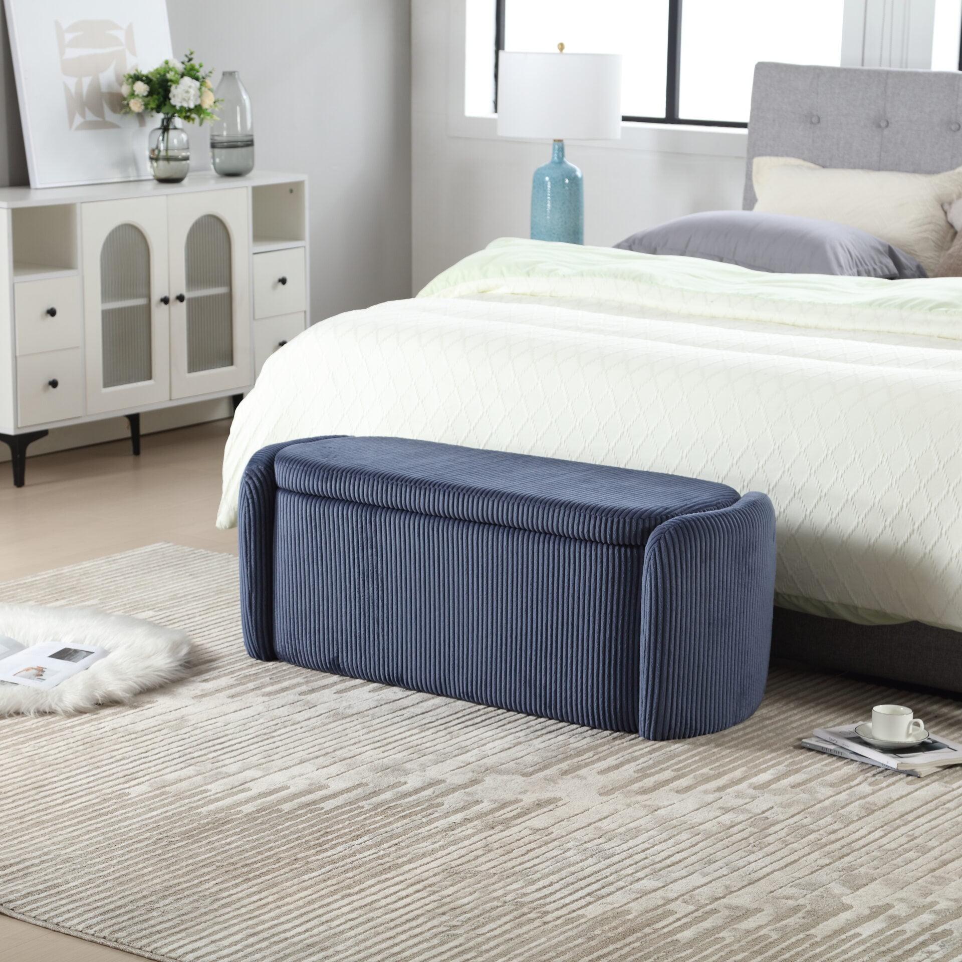 Navy Upholstered Velvet Storage Ottoman Bench with Safety Hinge