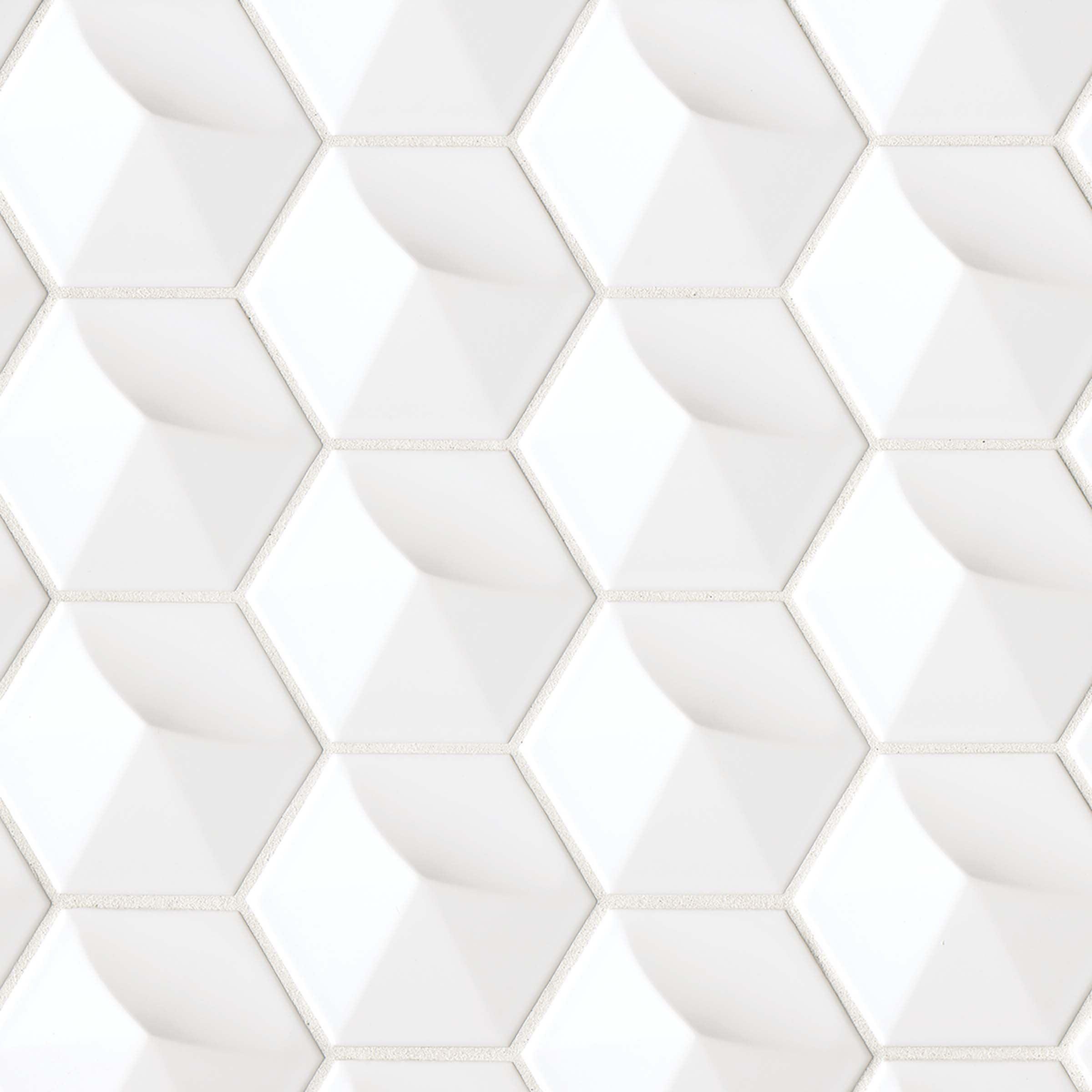 Bedrosians Hedron Gloss Ceramic 3D Hexagon Tile 4" x 5", White (36-Pack, 3.87 SF)
