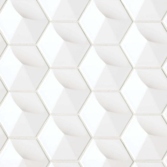 Bedrosians Hedron Gloss Ceramic 3D Hexagon Tile 4" x 5", White (36-Pack, 3.87 SF)