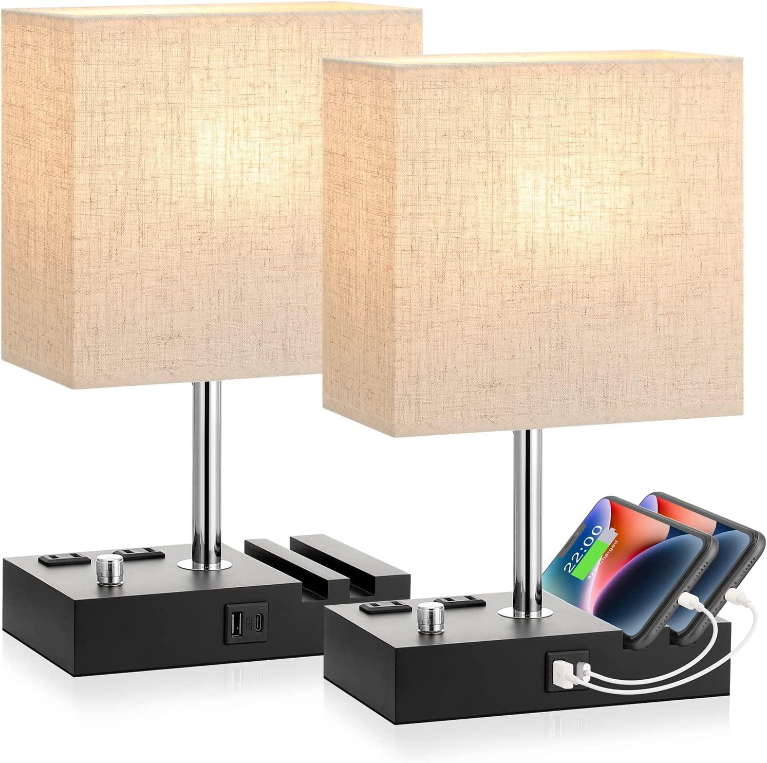 Beige Dimmable Table Lamps with USB Ports and Phone Stands, Set of 2