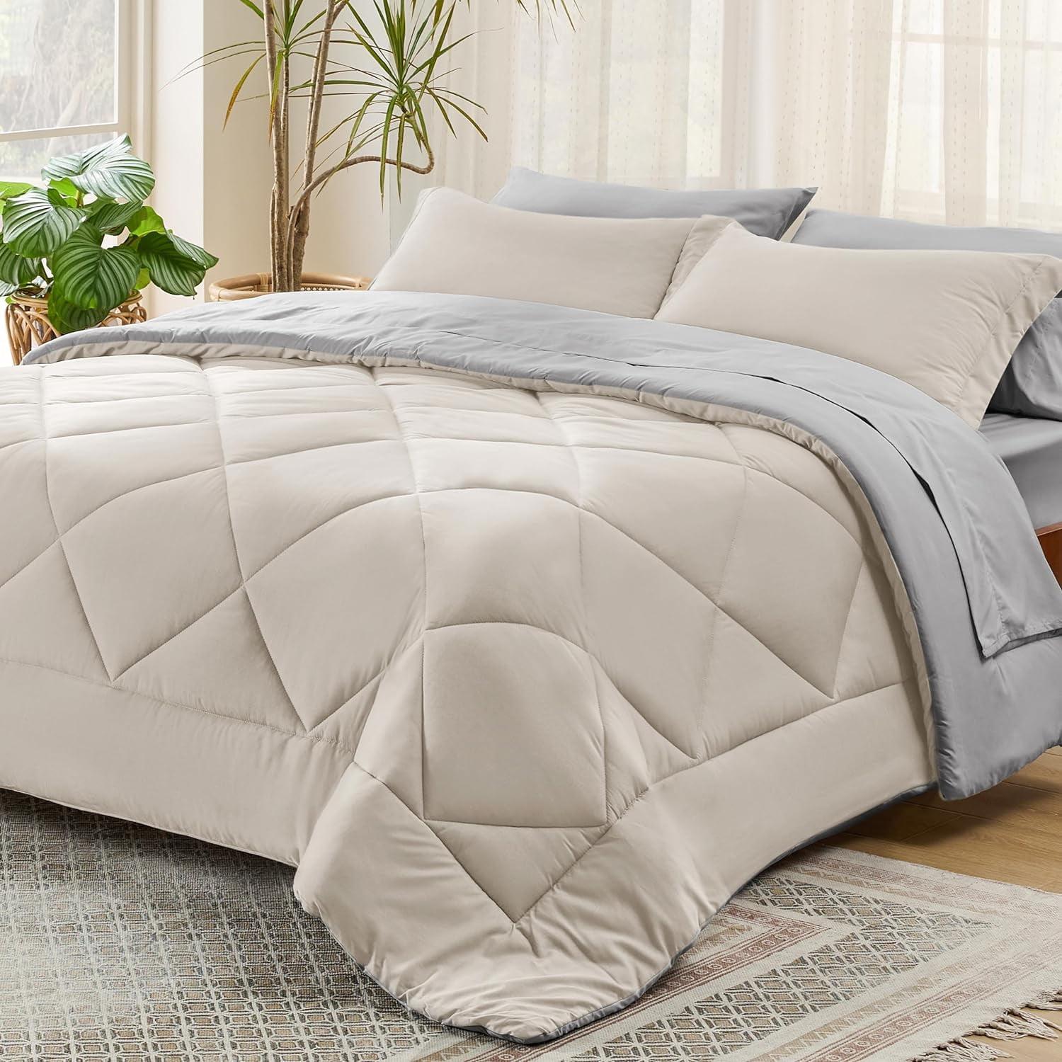 Cozy Comfort Beige Comforter Set - 7 Pieces Reversible Bed in a Bag with Comforters, Sheets, Pillowcases & Shams, Bedding Sets