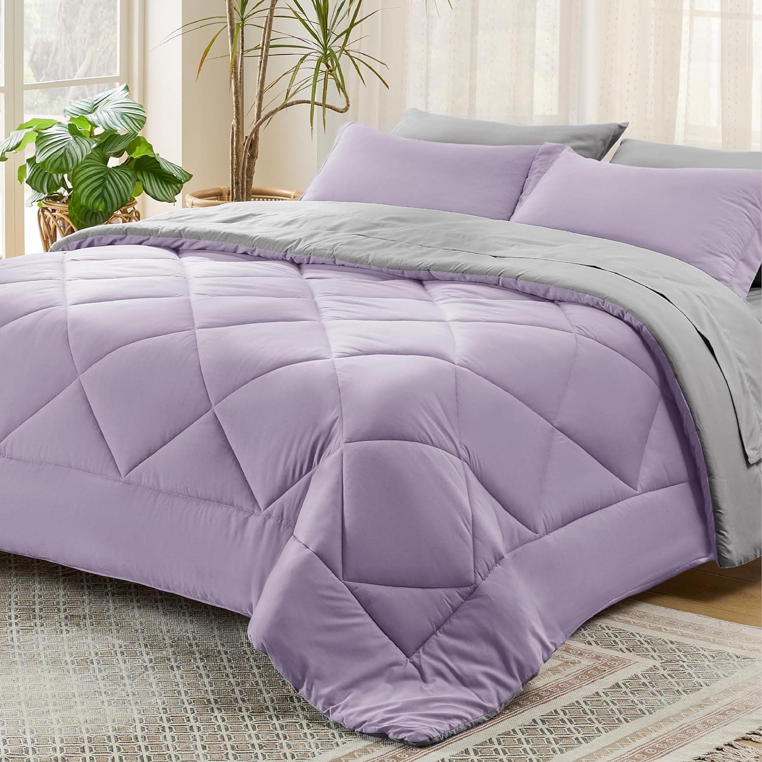 Light Purple and Grey Queen Microfiber Bed in a Bag Set