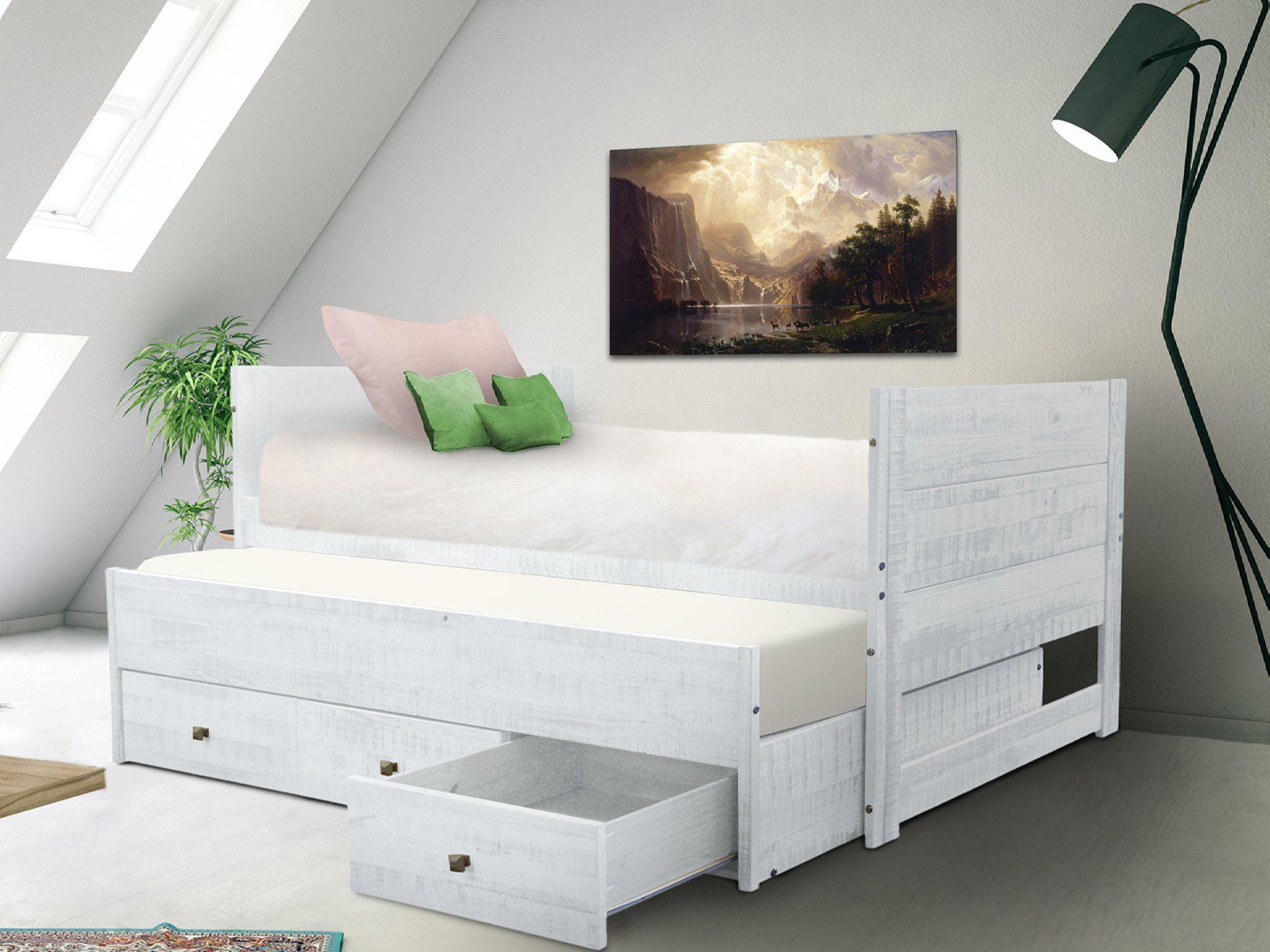 Bedz King All in One Twin Bed with Trundle and 3 Built in Drawers, Rustic White