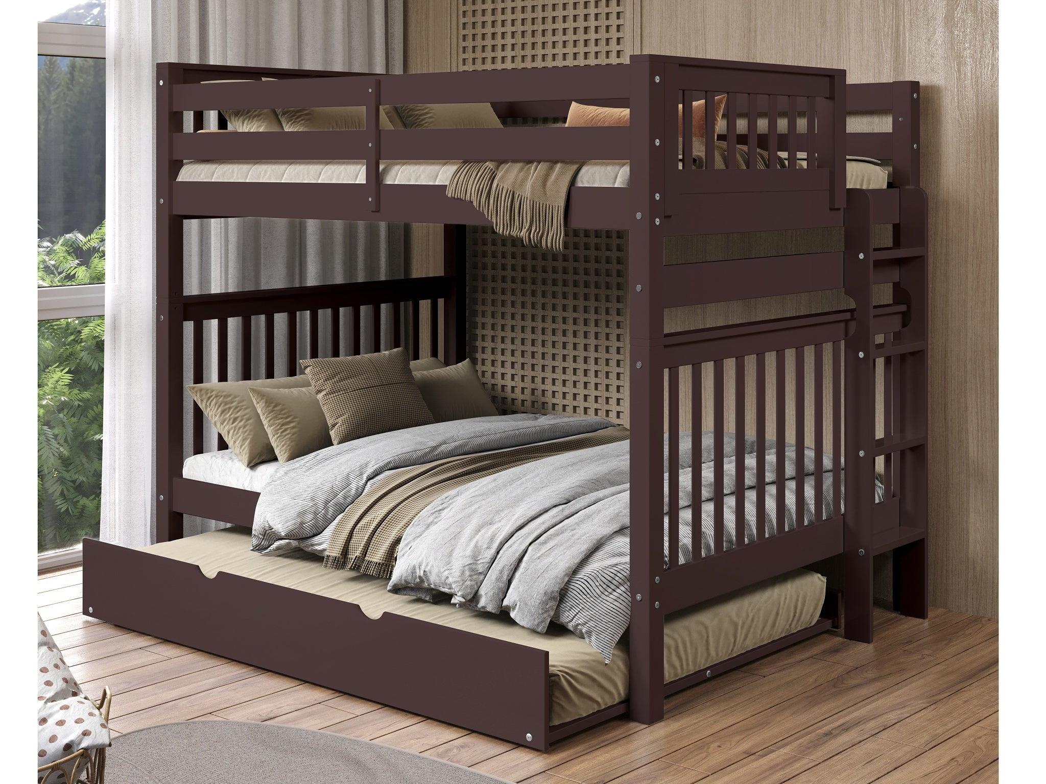 Bedz King Bunk Beds Full over Full Mission Style with End Ladder and a Full Trundle, Dark Cherry