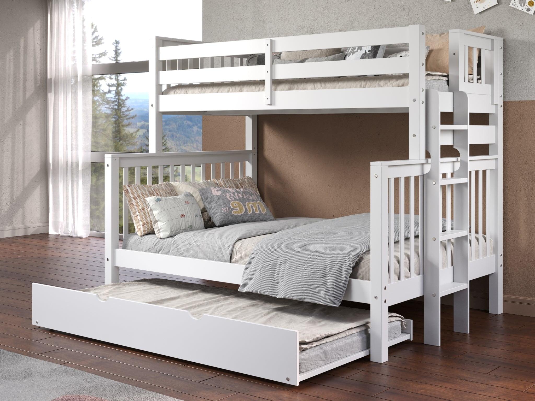Bedz King Bunk Beds Twin over Full Mission Style with End Ladder and a Twin Trundle, White