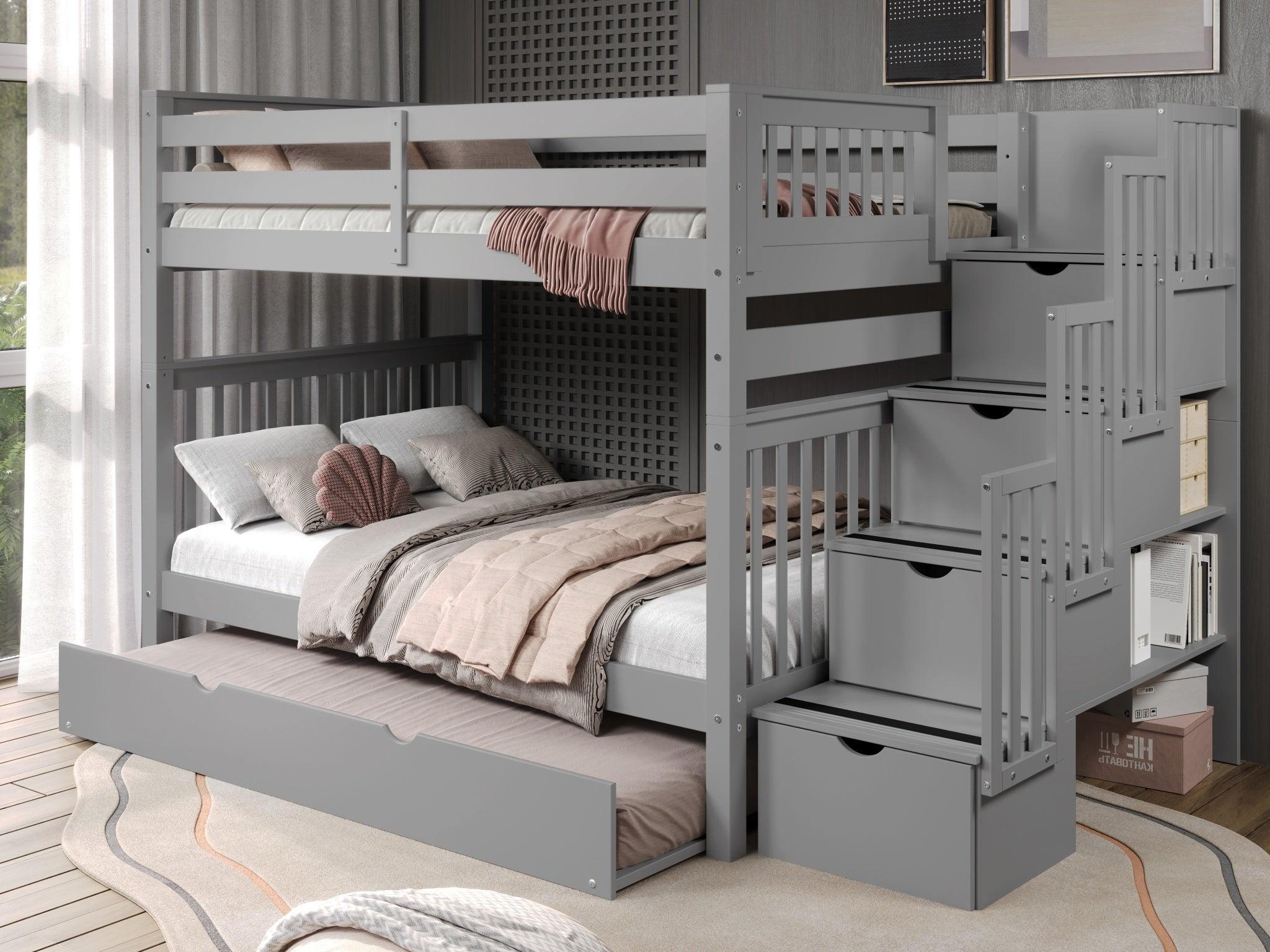 Bedz King Stairway Bunk Beds Full over Full with 4 Drawers in the Steps and a Full Trundle, Gray