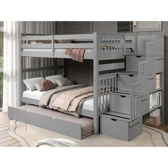 Bedz King Stairway Bunk Beds Full over Full with 4 Drawers in the Steps and a Full Trundle, Gray