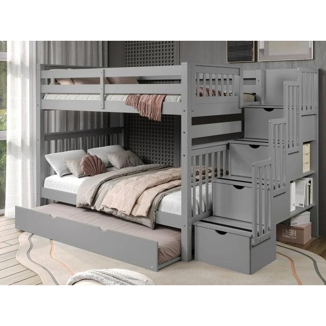 Bedz King Stairway Bunk Beds Full over Full with 4 Drawers in the Steps and a Full Trundle, Gray