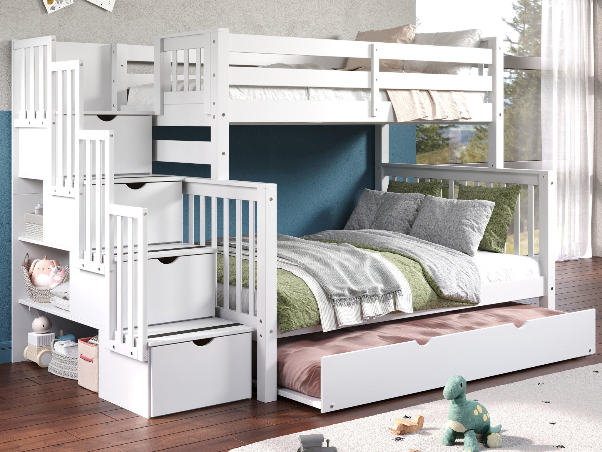 Bedz King - Literas con Escalera Doble con 4 Cajones en los Escalones y una Cama Nido Doble, Color Blanco