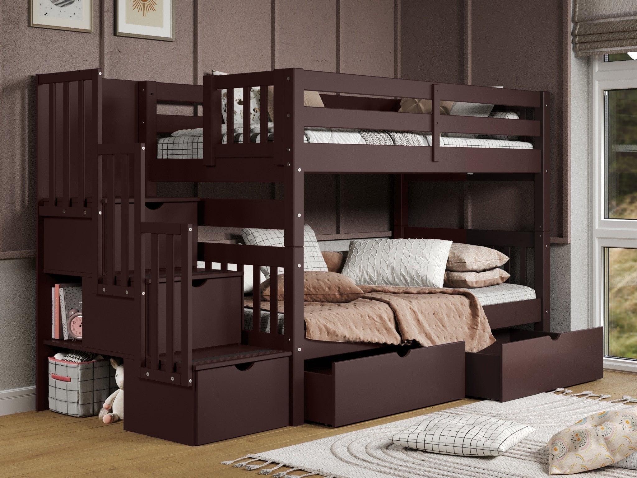 Bedz King Stairway Bunk Beds Twin over Twin with 3 Drawers in the Steps and 2 Under Bed Drawers, Dark Cherry