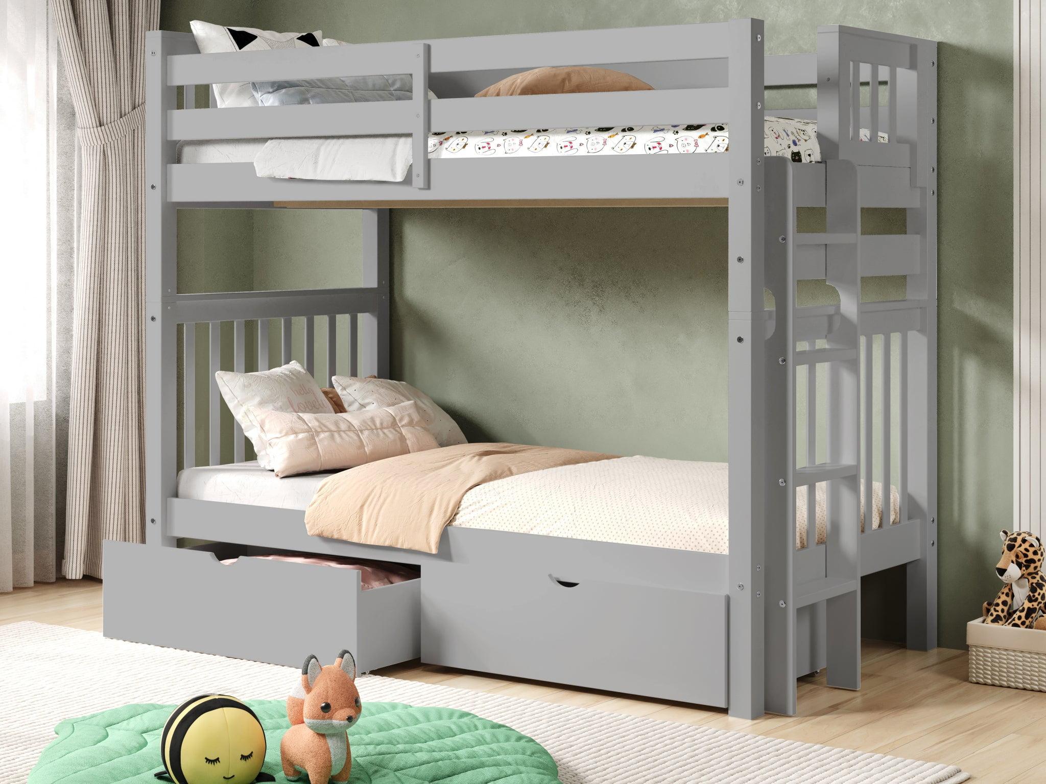 Bedz King Tall Bunk Beds Twin over Twin Mission Style with End Ladder and 2 Under Bed Drawers, Gray