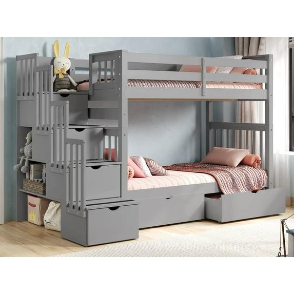 Bedz King Tall Stairway Bunk Beds Twin over Twin with 4 Drawers in the Steps and 2 Under Bed Drawers, Gray