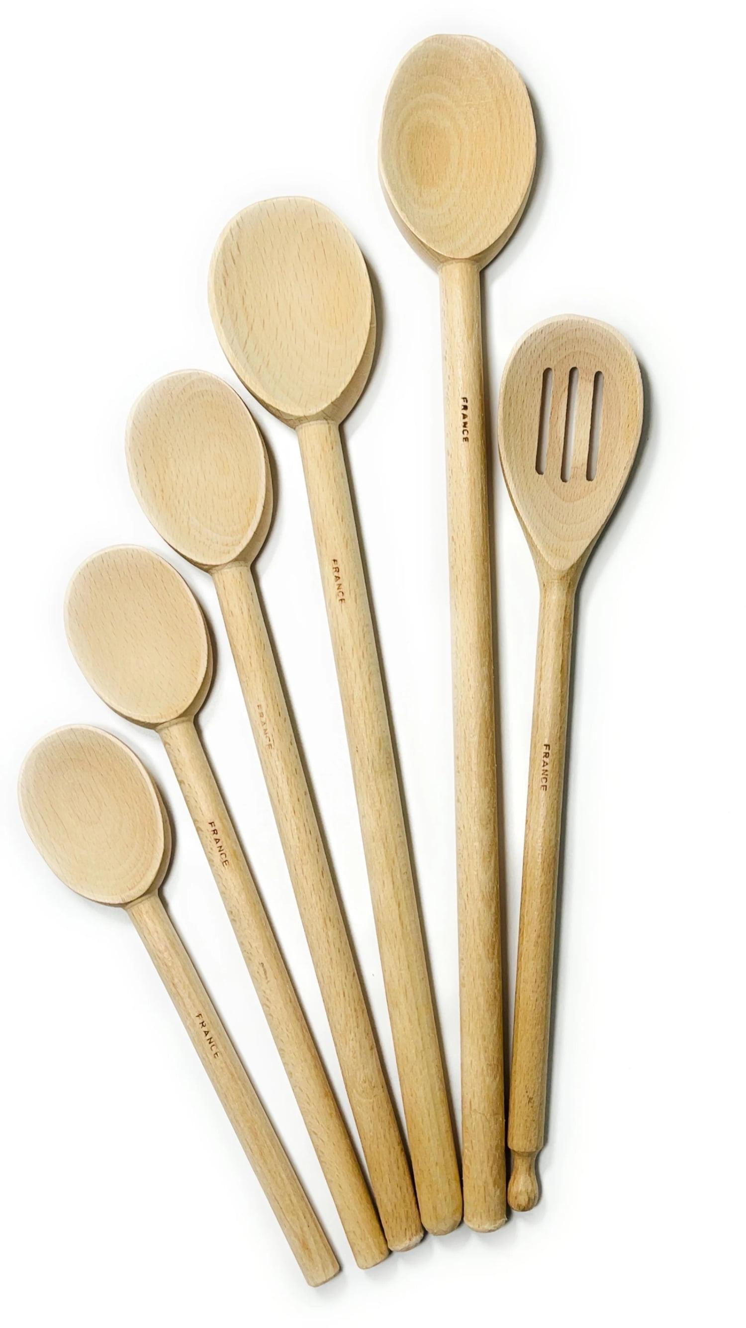 French Beechwood Cooking Spoon Set with Long Handles, 6 Pieces