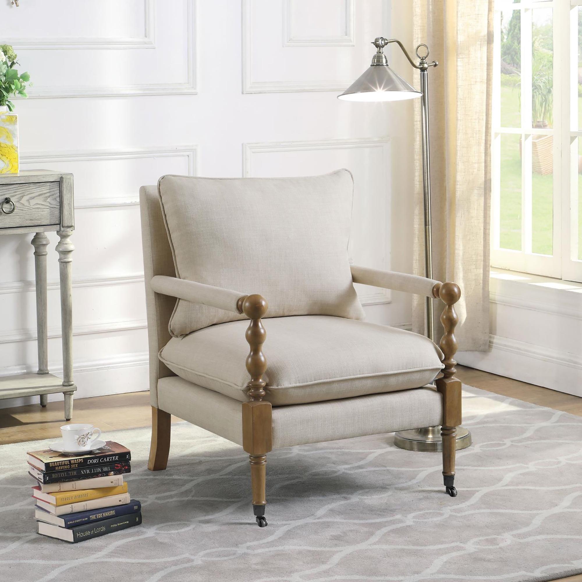 Beige Upholstered Wood Accent Chair with Turned Legs