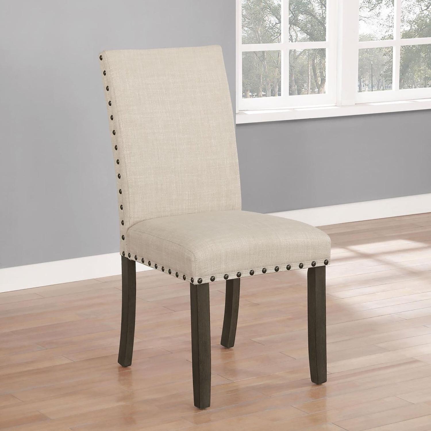 Elegant Beige Upholstered Parsons Side Chair in Rustic Brown Wood