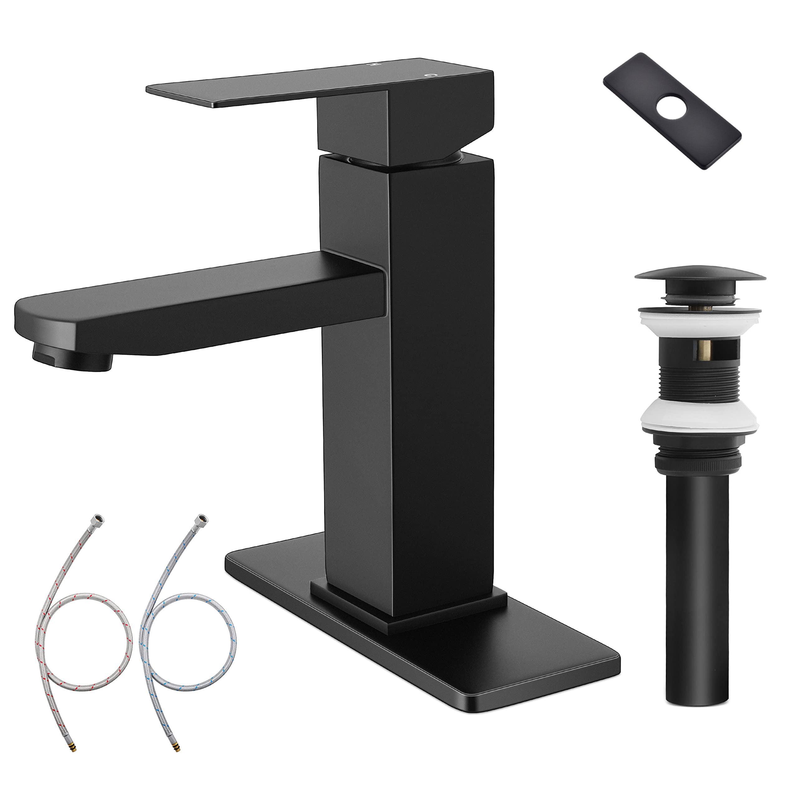 Black Bathroom Faucet with Sink Pop up Drain,Stainless Steel Bathroom Faucets for Sink 1 or 3 Holes, Matte Black Vanity RV Lavatory Faucet with Single Handle, Deck Plate, Water Supply Hoses