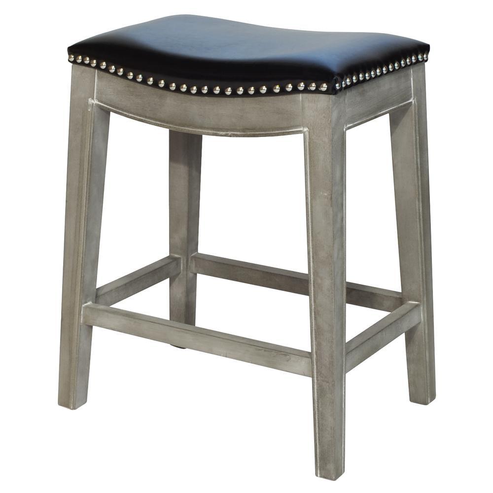 Contemporary Black Leather Saddle-style Counter Stool with Mystique Gray Legs
