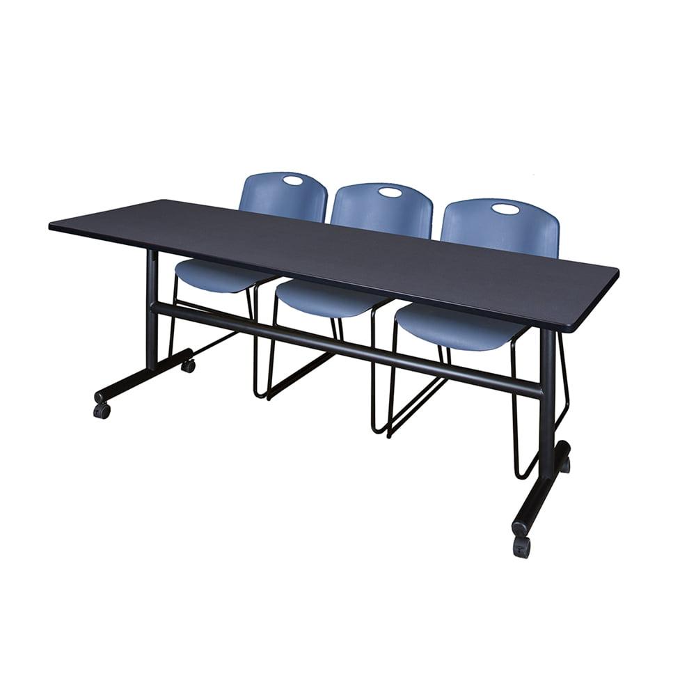 Belen Kox Kobe 84" Flip Top Mobile Training Table- Grey & 3 Zeng Stack Chairs- Blue