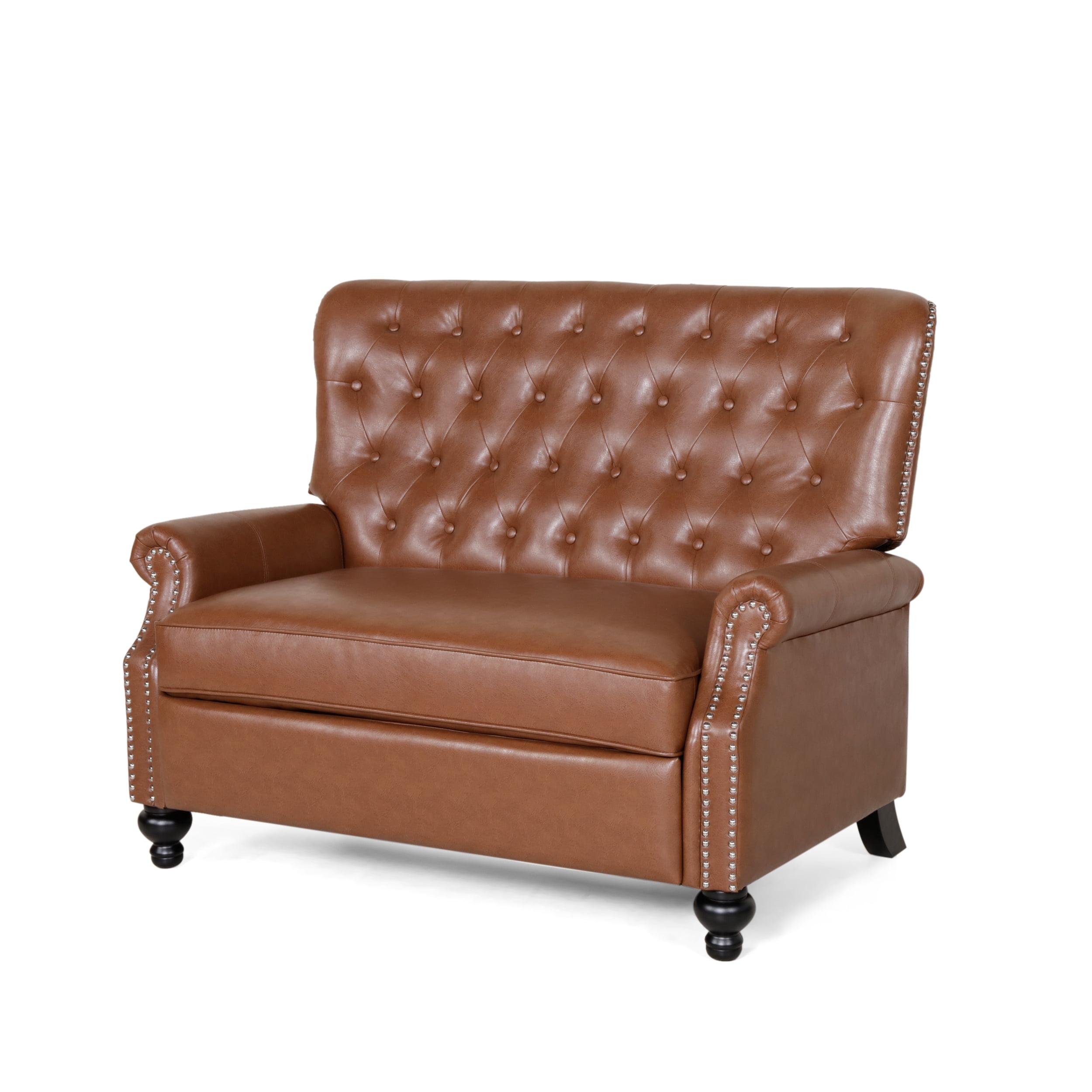 Cognac Brown Faux Leather Handcrafted Club Recliner with Wood Frame