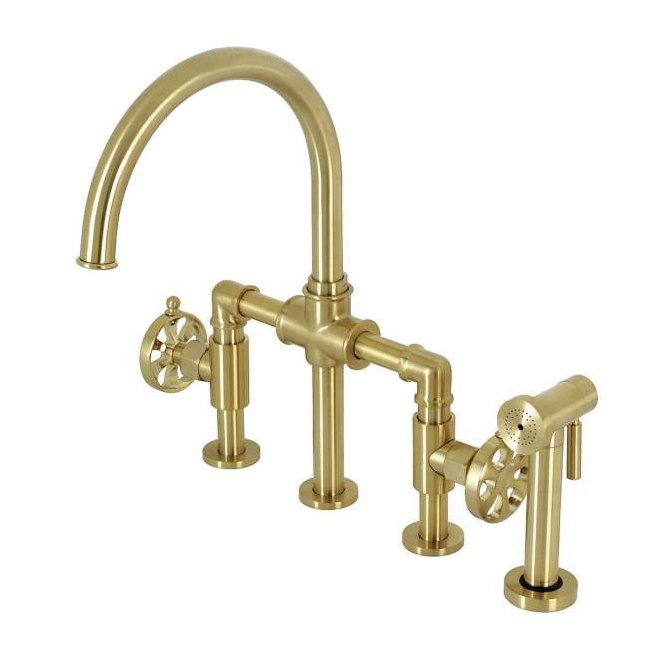 Kingston Brass Two-Handle 4-Hole Deck Mount Industrial Style Bridge Kitchen Faucet with Brass Side Sprayer