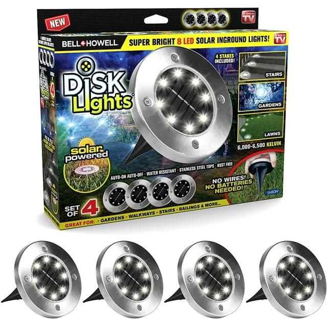 Bell + Howell 8 LED Solar Powered Disk Lights, 4 Pack, Outdoor Pathway Lights, Waterproof, Auto On/Off, Rust Resistant
