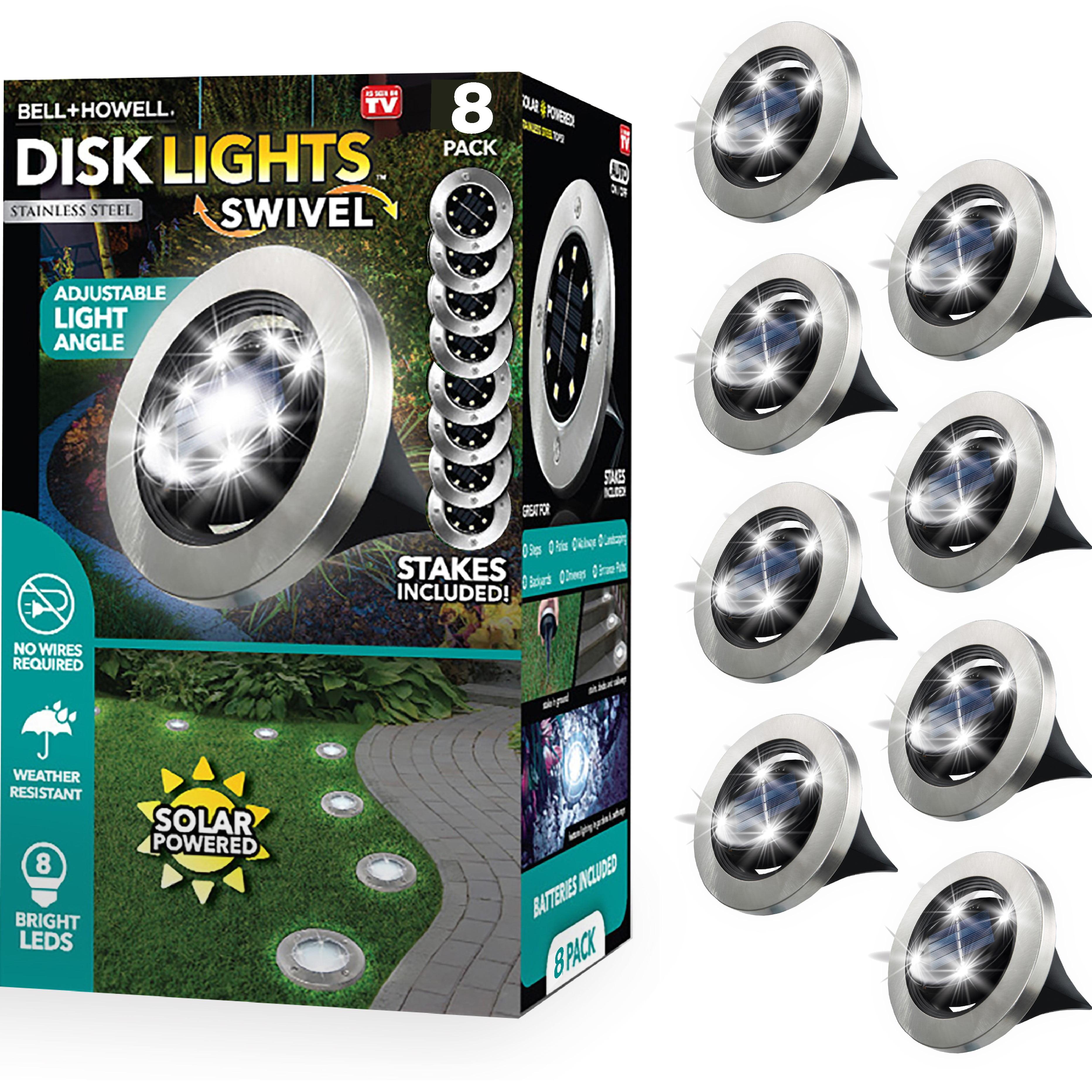 Bell + Howell Bell+Howell Stainless Steel Solar Powered Swivel LED Disk Lights, Wireless Auto On/off Pathway Garden Lights (Set of 8)