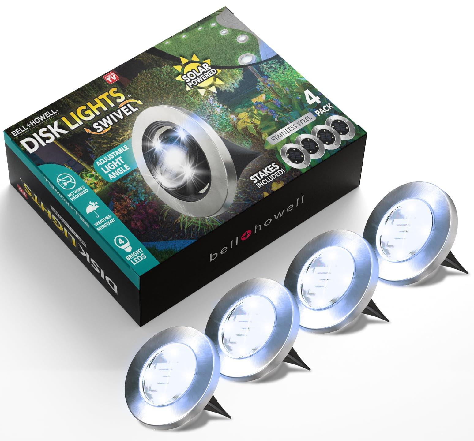 Bell + Howell Bell+Howell Stainless Steel Solar Powered Swivel LED Disk Lights, Wireless Auto On/off Pathway Garden Lights (Set of 8)