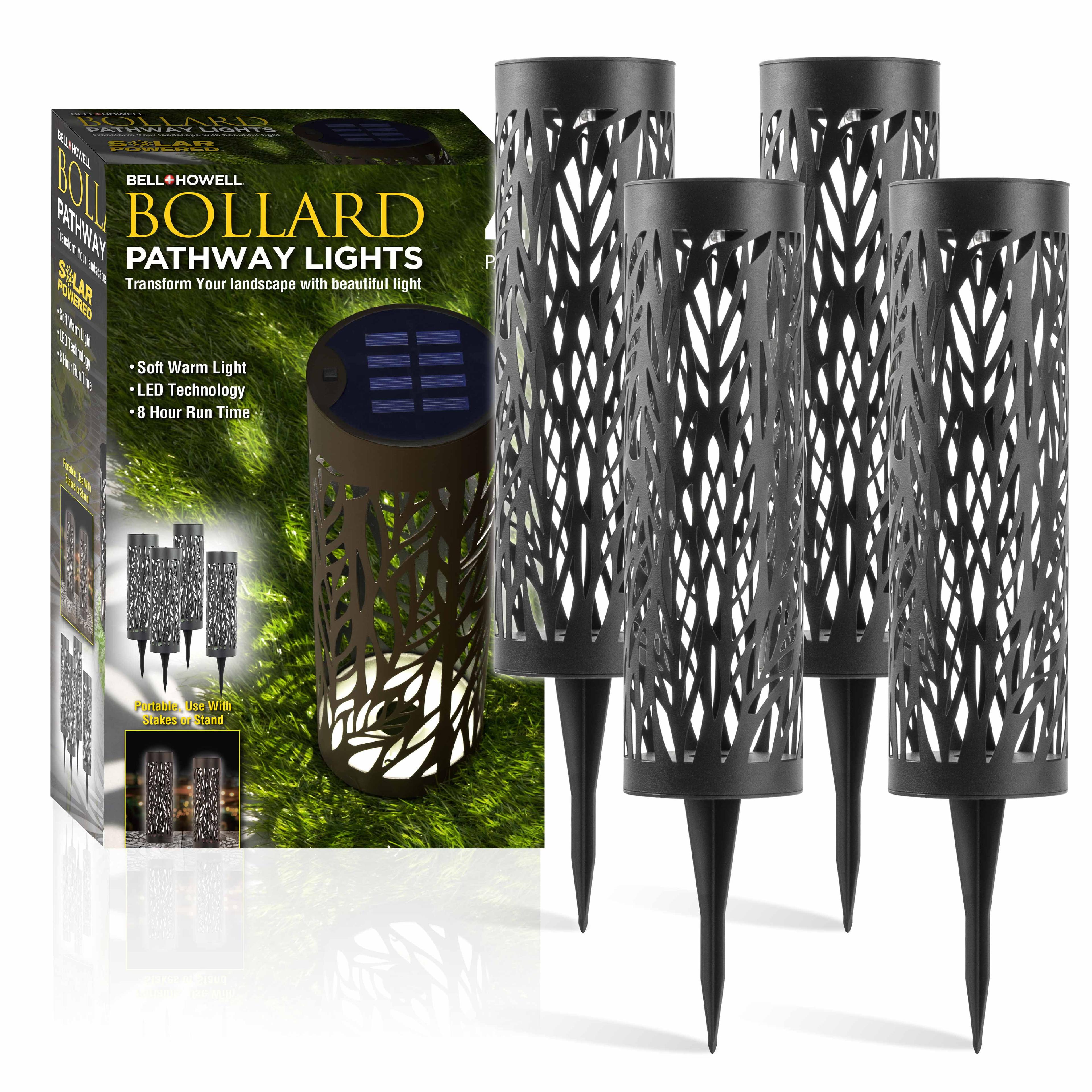 Bell + Howell Black Bollard Pathway Lights Solar Powered - Pack of 4