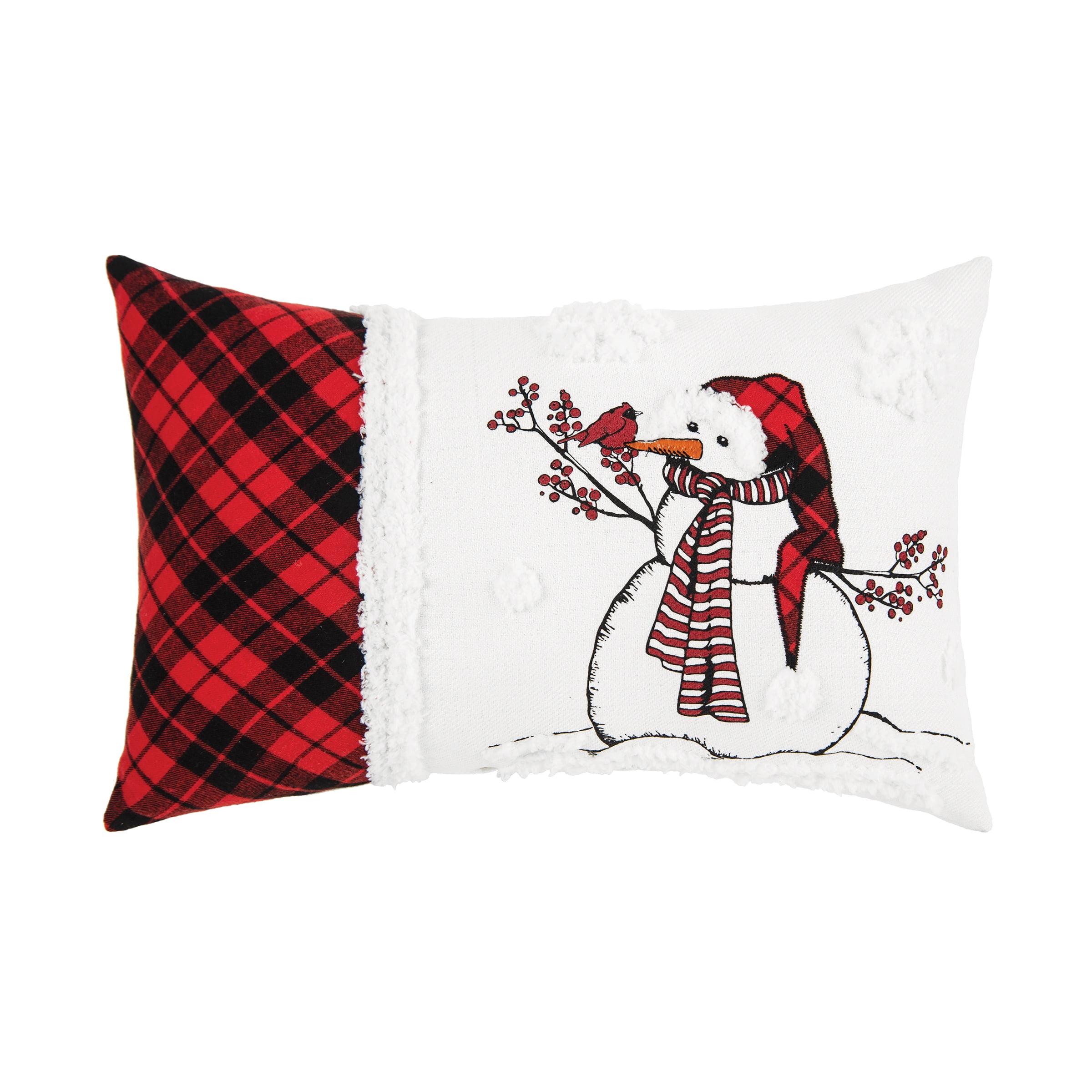 Snowman Embroidered Plaid Christmas Throw Pillow