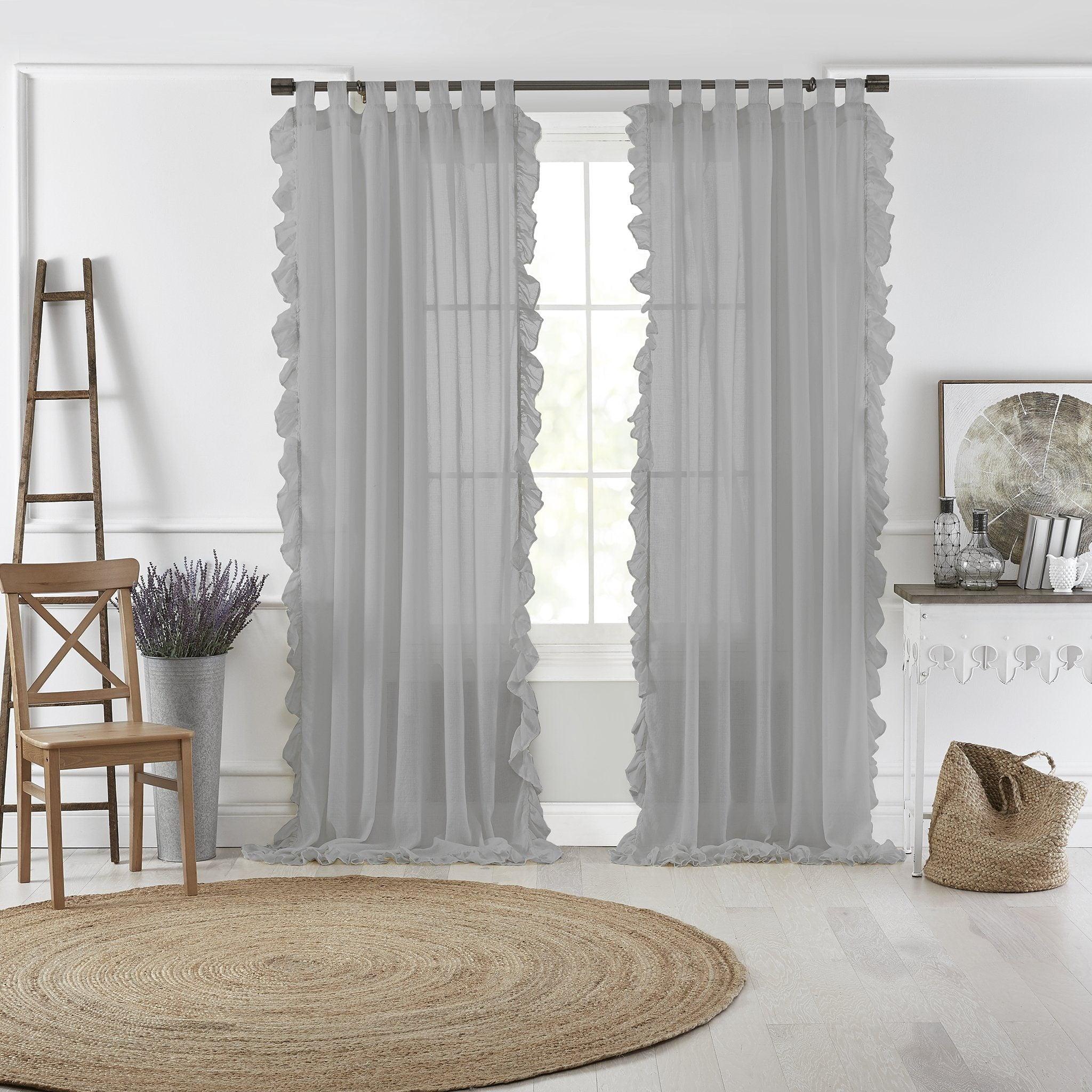 Charcoal Cotton Tab-Top Sheer Ruffle Window Curtain Panel