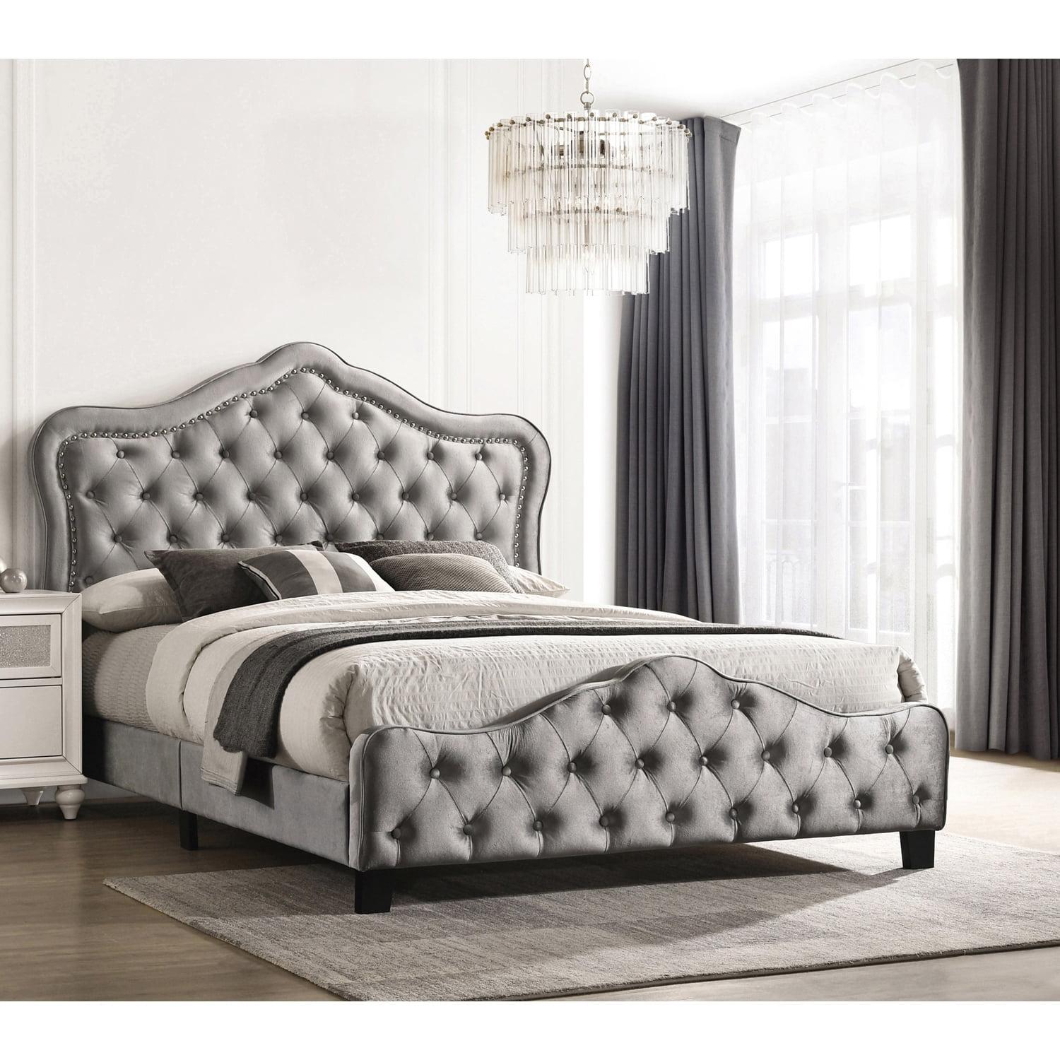 Gray Queen Upholstered Bed with Tufted Headboard and Nailhead Trim