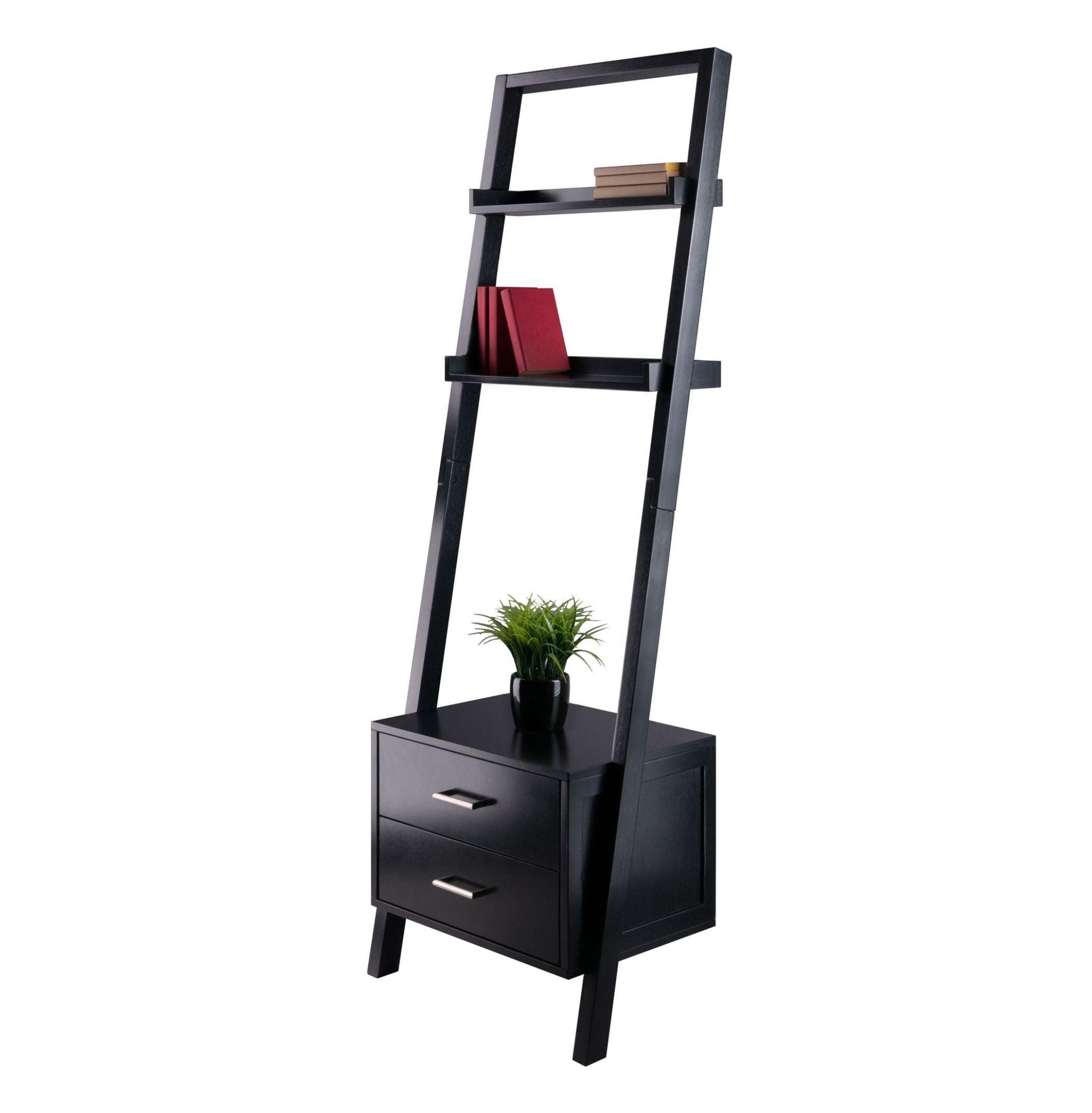 69.36" Bellamy Leaning Shelf with Storage Black - Winsome: Contemporary Design, 2 Drawers & Open Display