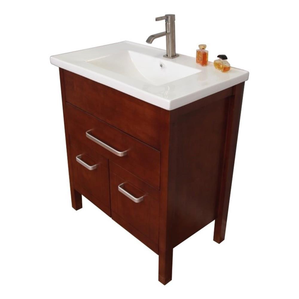 Walnut Plywood Single Sink Freestanding Vanity with White Ceramic Top