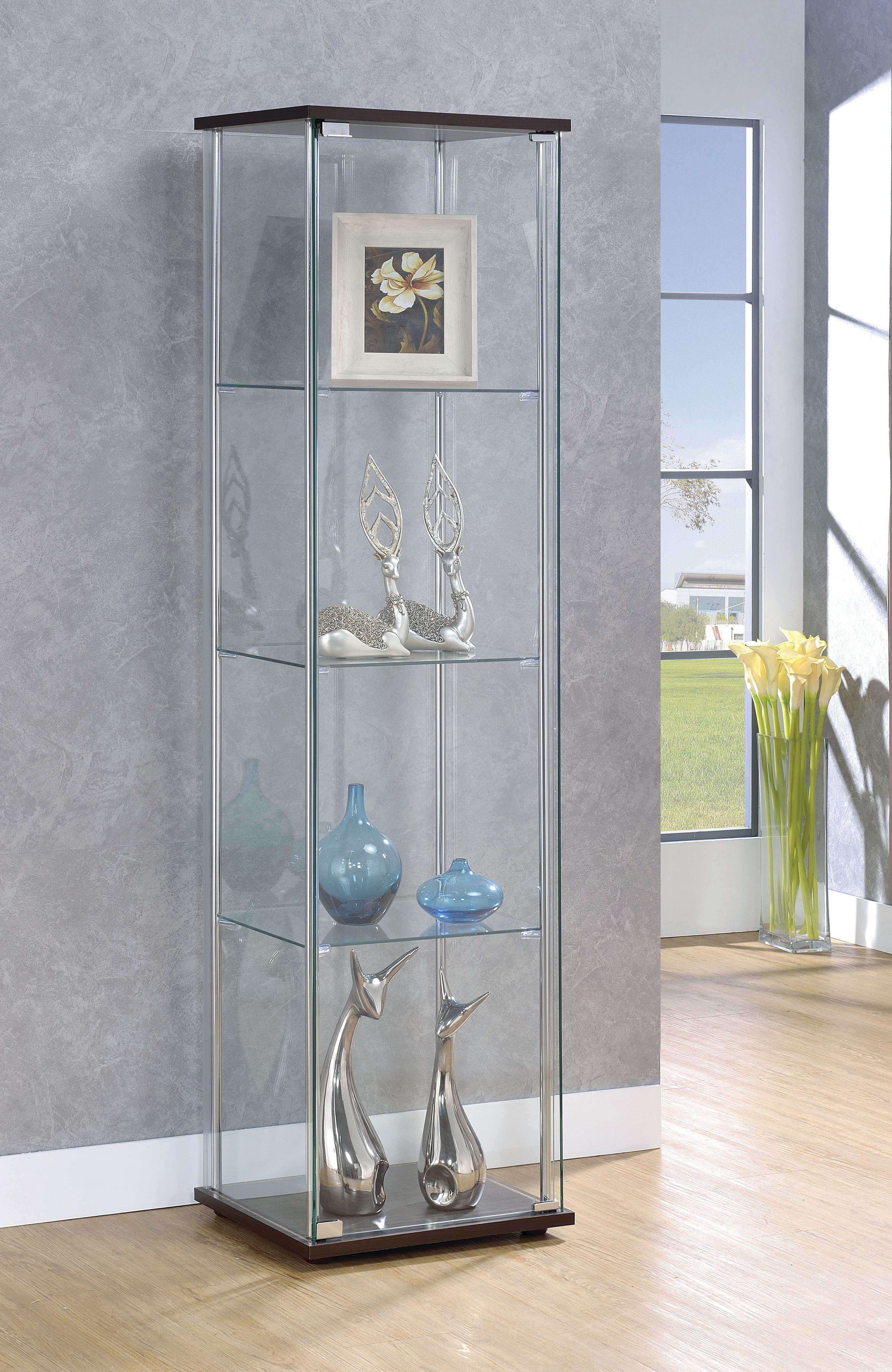 Transitional Cappuccino and Chrome Lighted Curio Cabinet with Glass Shelves