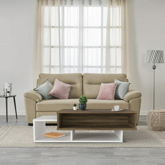 Belle 41 Inch Modern Wooden Rectangular Coffee Table with 3 Tier Storage, White and Brown